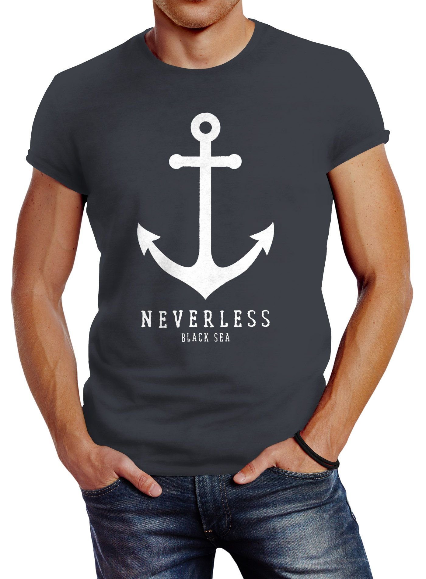 Neverless® Fit Segeln Neverless T-Shirt Sailor Slim Print-Shirt Anker Herren Print grau Nautical mit