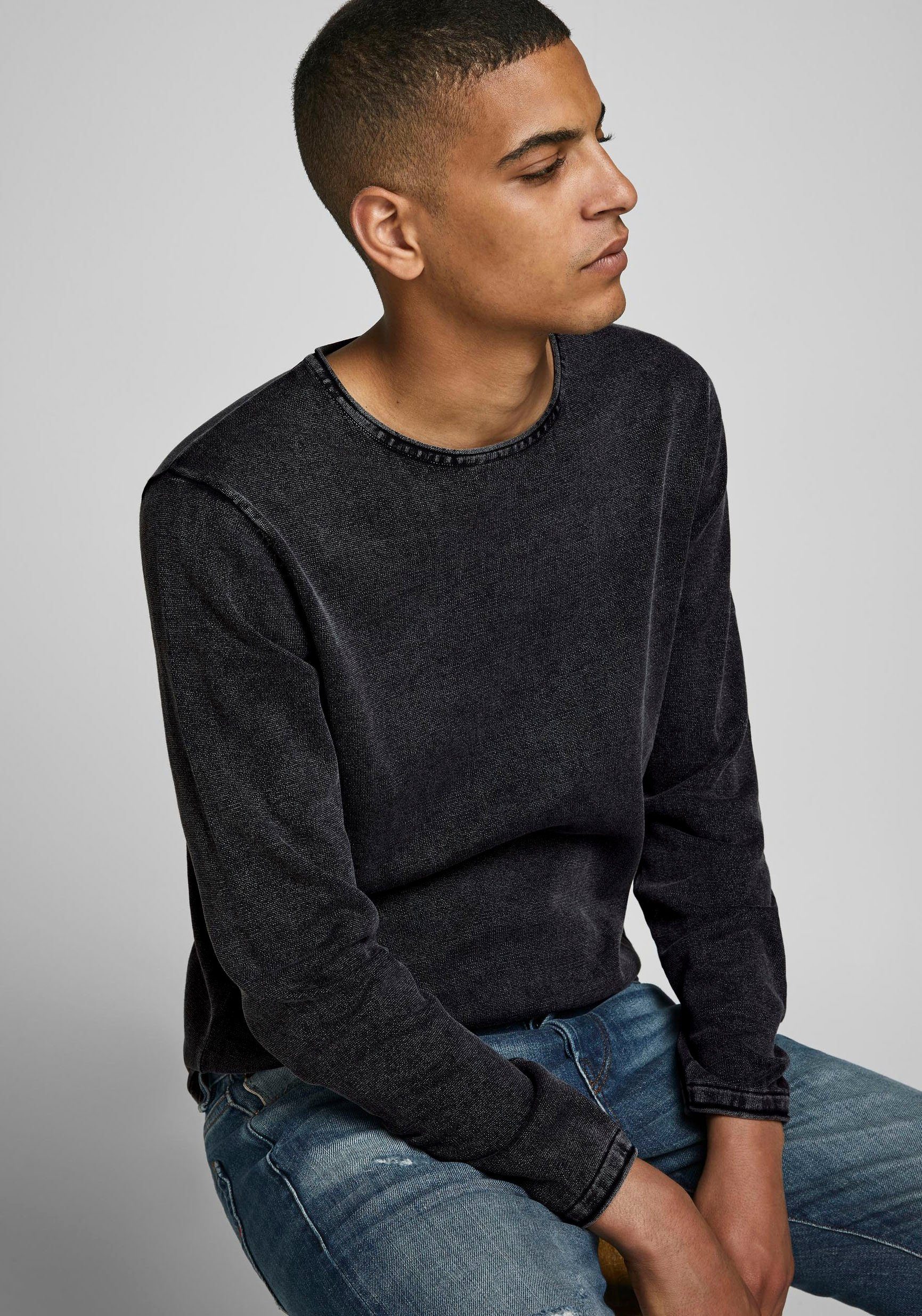 Jack & Jones Rundhalspullover JJELEO aus pflegeleichter Baumwollqualität unifarben, modisch, schmal, Baumwolle, Rundhals