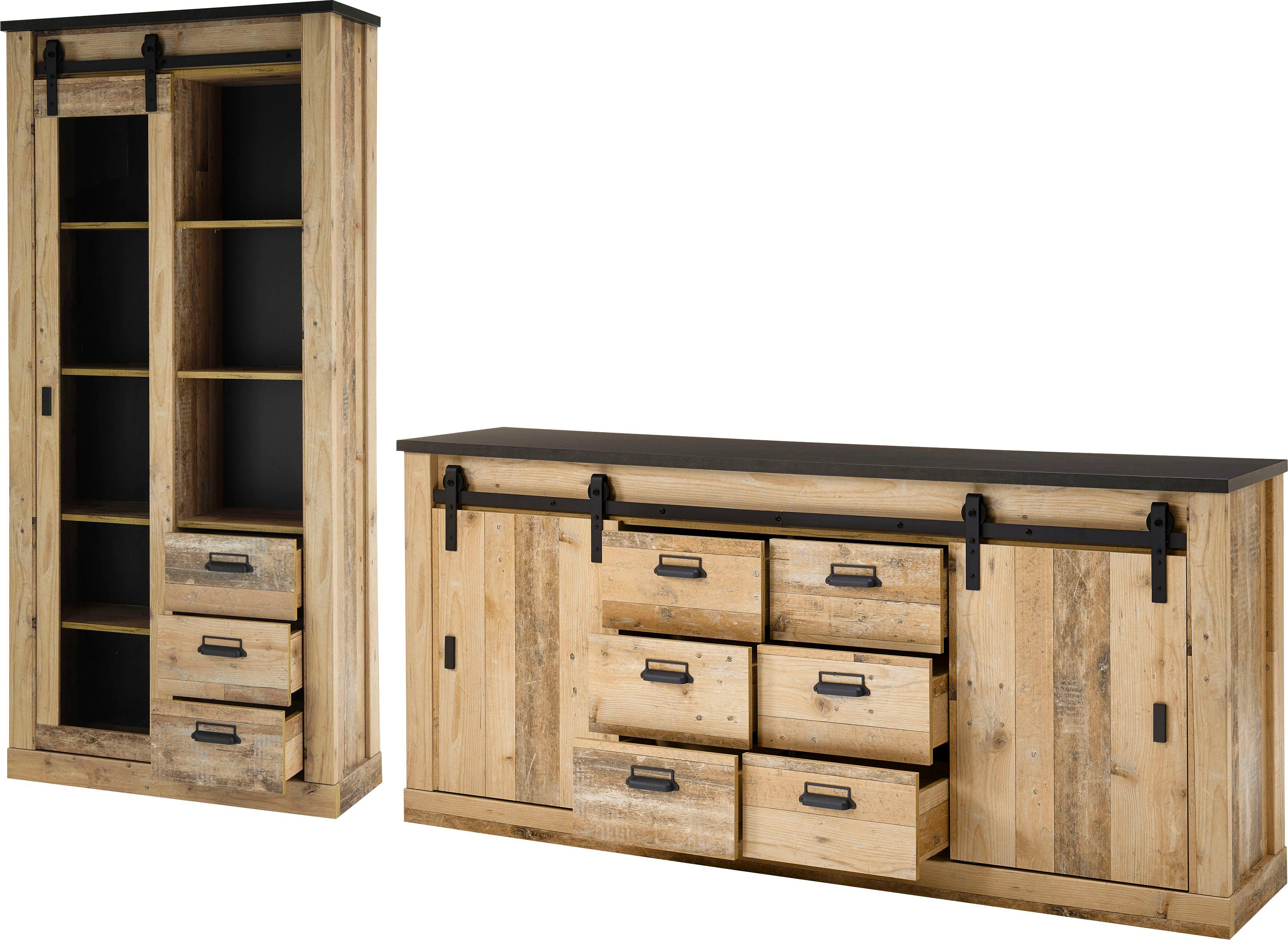 Home affaire Wohnwand SHERWOOD, (2-St), Scheunentorbeschlag und Apothekergriffe aus Metall, Höhe 201 cm