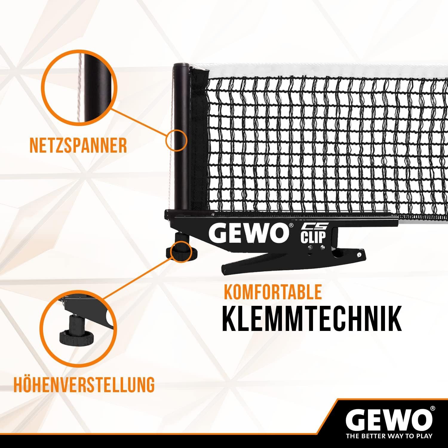 Gewo Tischtennisnetz 183 cm lang, mit Klemmen, CS Clip Netz Tischtennis schwarz