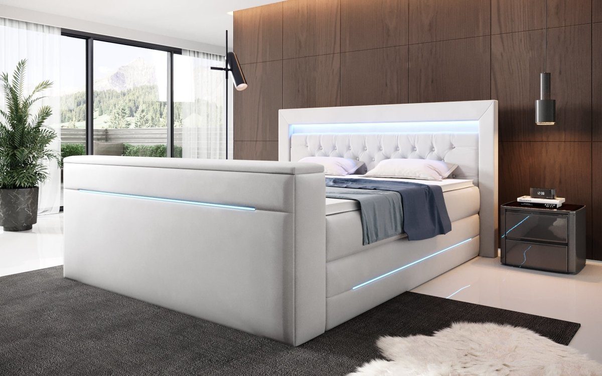 Luxusbetten24 Boxspringbett Pluto, mit TV Lift, RGB-Beleuchtung und Stauraum