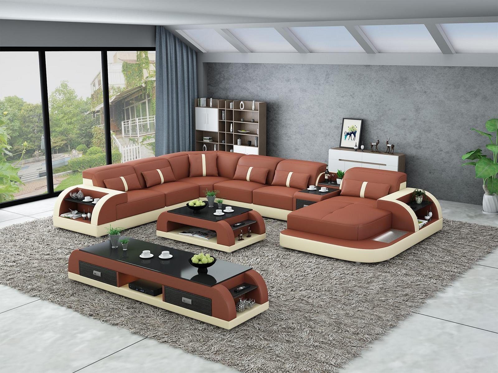 Wohnzimmer-Set, Ecksofa Sofa 2tlg. Wohnlandschaft Design Leder JVmoebel U-Form Rot/Weiß Tisch Couch