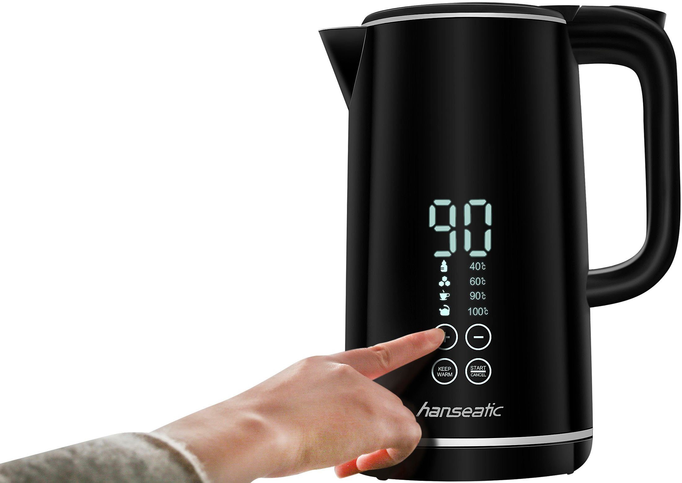 Hanseatic Wasserkocher HWK172200DBD, mit Temperaturvorwahl, 1,7 l, 2200 W, Warmhaltefunktion, extra großes Display