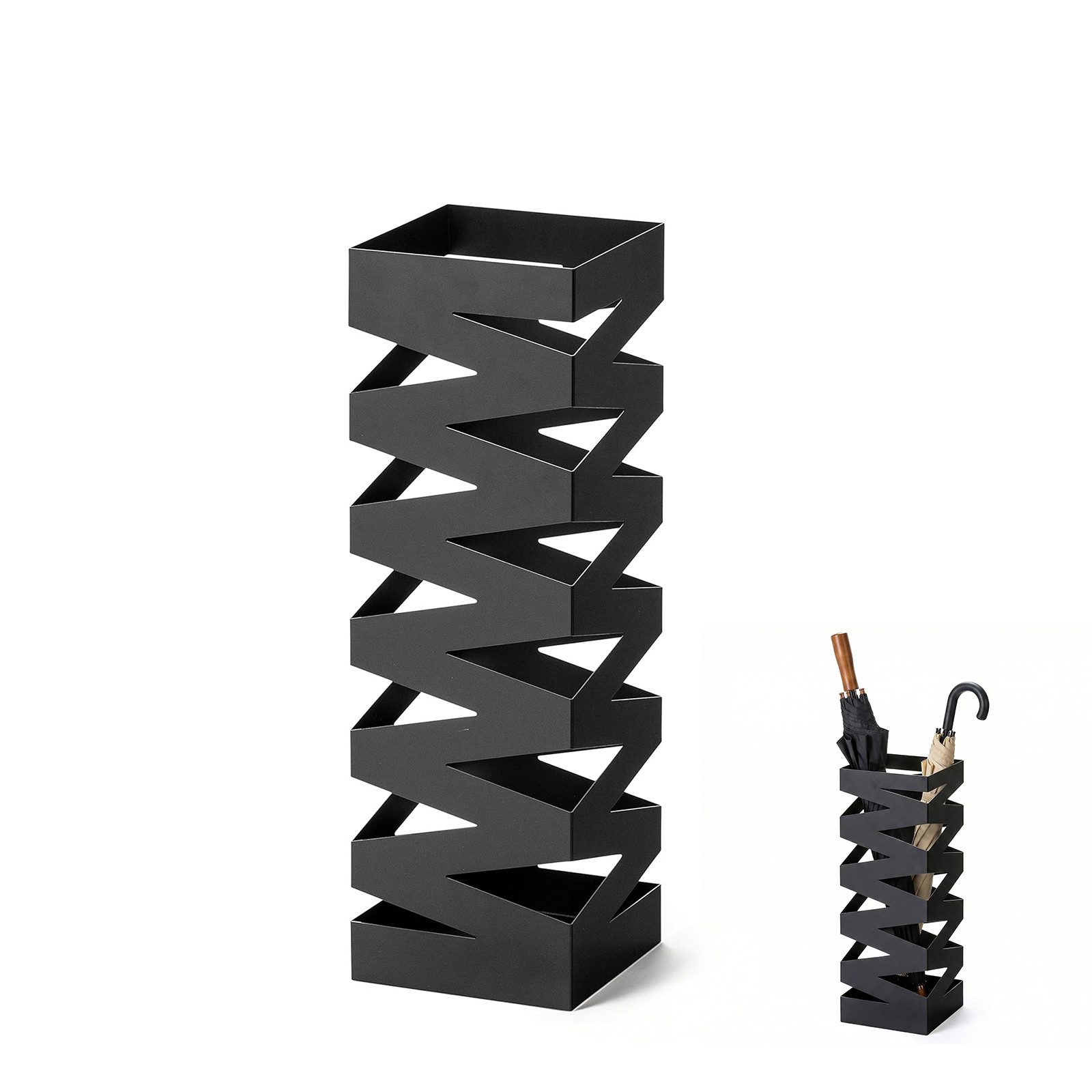 BlingBin Schirmständer aus Metall, Schwarz, Platzsparender, mit herausnehmbarer Abtropfschale (1er Set, 1 St., Regenschirmständer, quadratisch, 15,5 x 15,5 x 49 cm), schmaler Regenschirmständer mit Wasserauffangschale für Flur und Büro