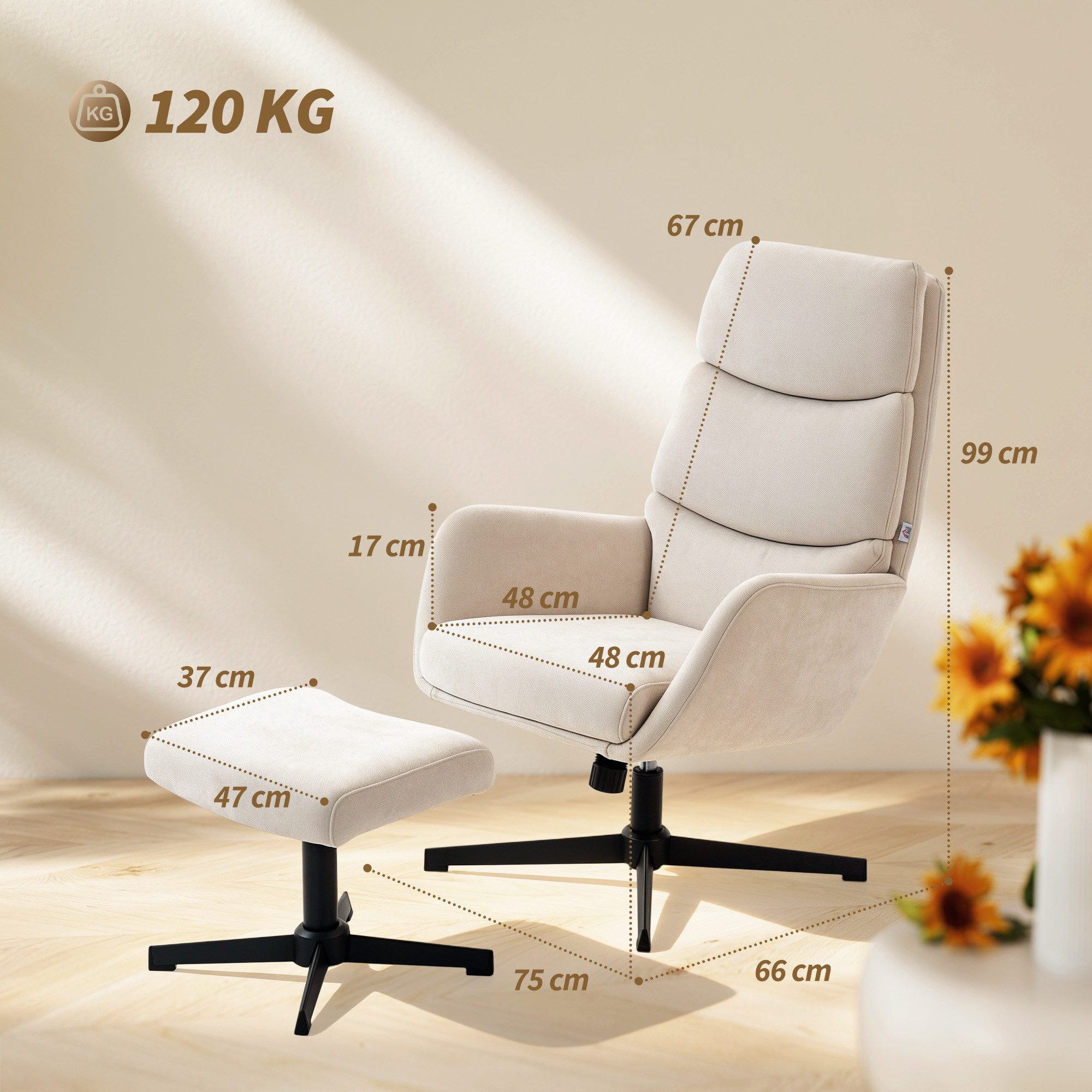 HOMCOM Relaxsessel mit hoher Rückenlehne, Leinenoptik (Fernsehsessel, 2-St., Loungesessel mit Hocker), für Wohnzimmer, Schlafzimmer, Beige