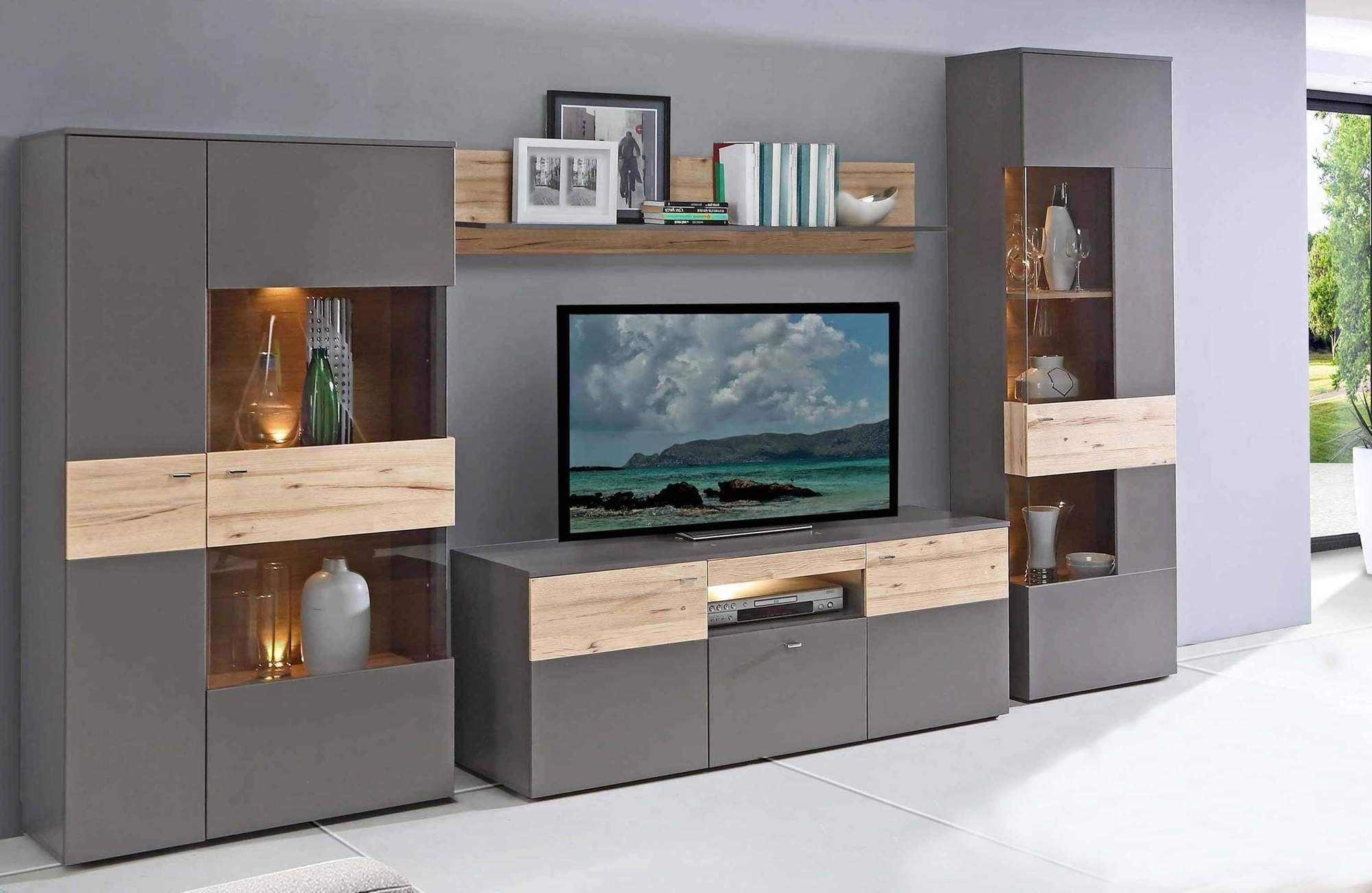 FORTE Wohnwand Wohnkombination COMO rechts Optik: Grau / Planked Eiche mit LED, (Komplett-Set, 4-St., Vitrine, Highboardvitrine, Lowboard, Wandboard)