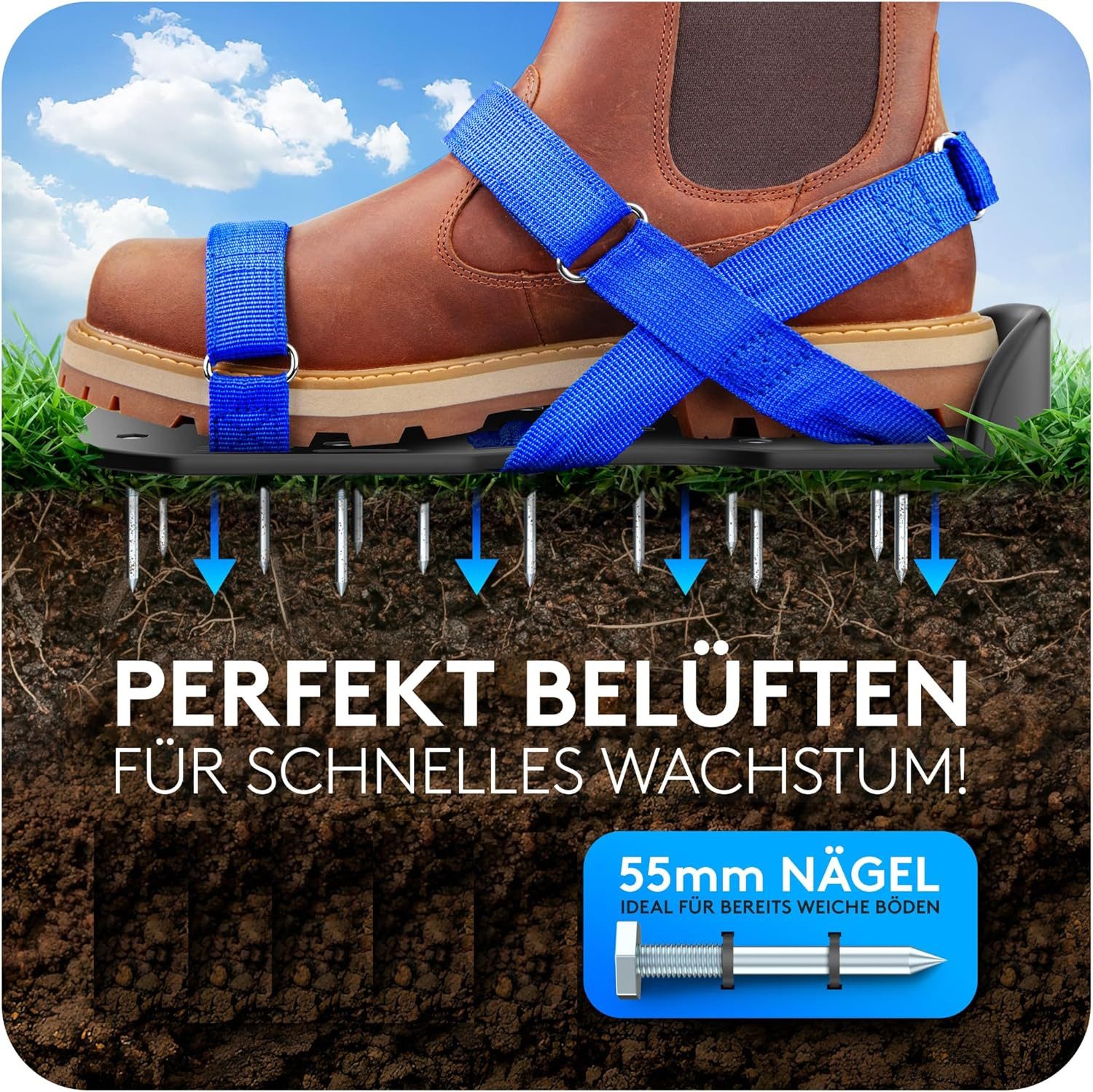 Briliantwerk Rasenlüfter - Nagelschuhe mit Klettverschluss -, - Zum Rasen belüften oder als Estrichschuhe - 55mm Nagellängen