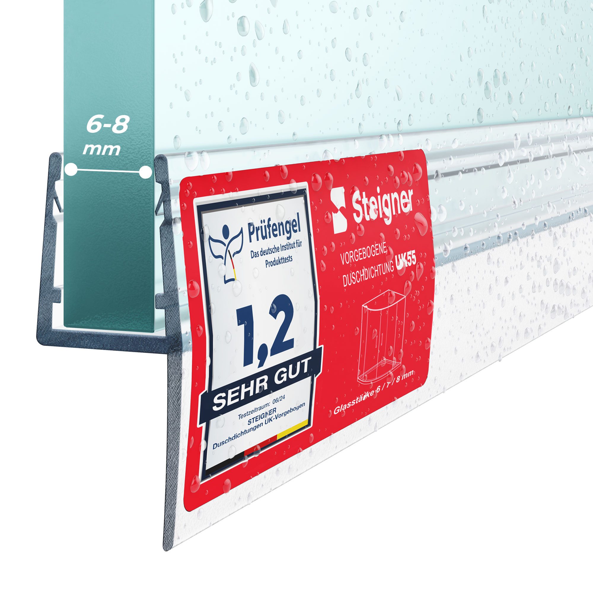 STEIGNER Duschdichtung Duschtürdichtung Gerade UK55 30 cm (1 Stk) Transparent 6-8 mm, L: 30 cm, (1 Stück Packung, Einzeldichtung), Dichtung gerade für Eckeinstieg Dusche oder Fünfeckdusche mit Duschtür