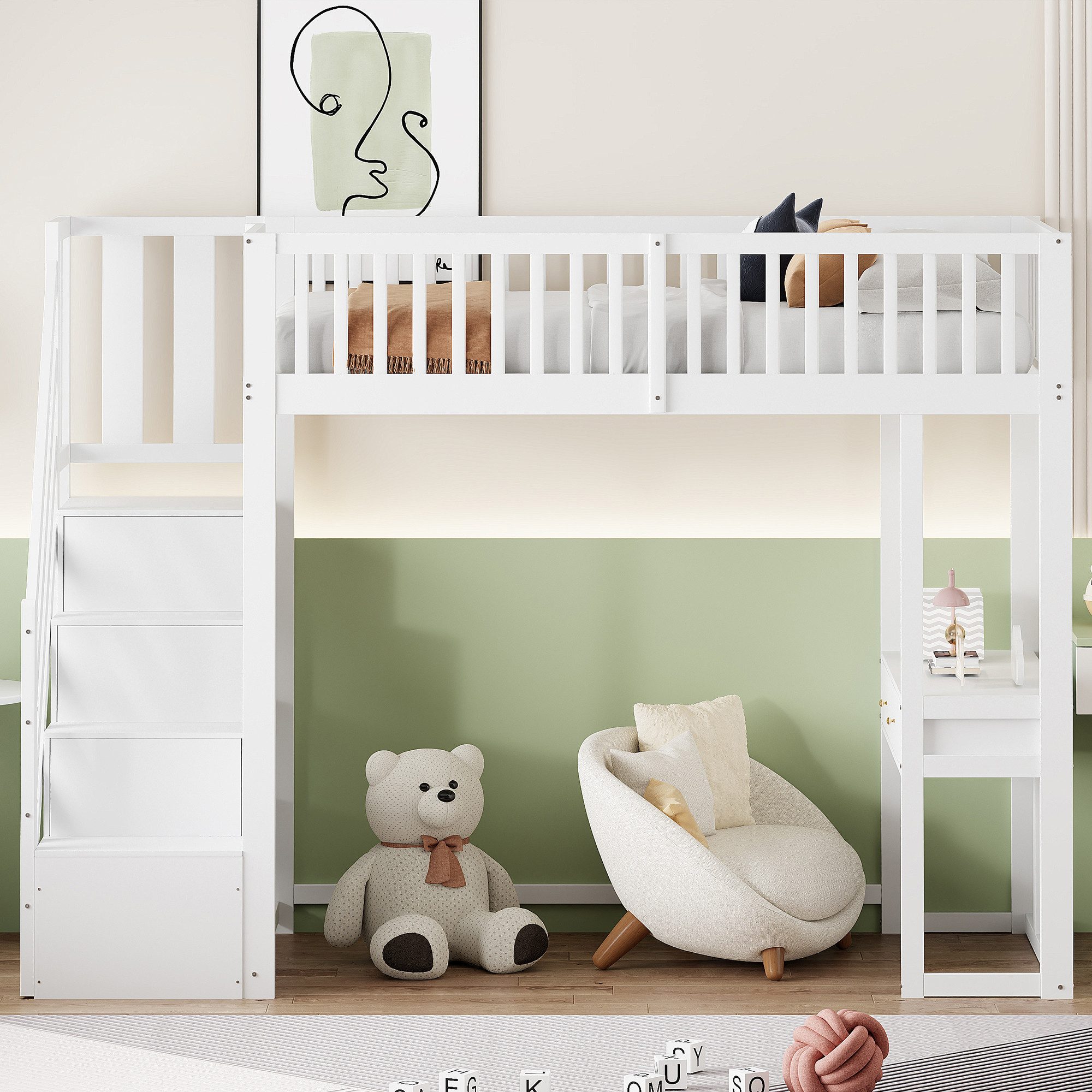 Flieks Hochbett Massivholz Kinderbett 90x200cm mit Tisch und Stauraumtreppe günstig online kaufen