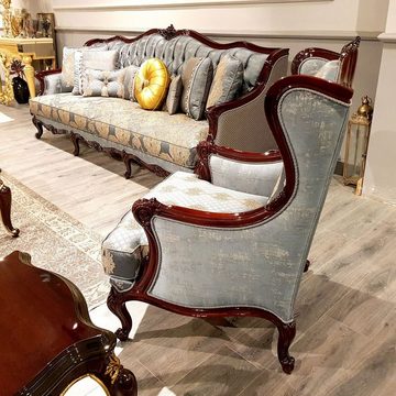 Casa Padrino Sessel Luxus Barock Ohrensessel Silber / Beige / Dunkelbraun - Prunkvoller Wohnzimmer Sessel mit elegantem Muster - Barock Möbel