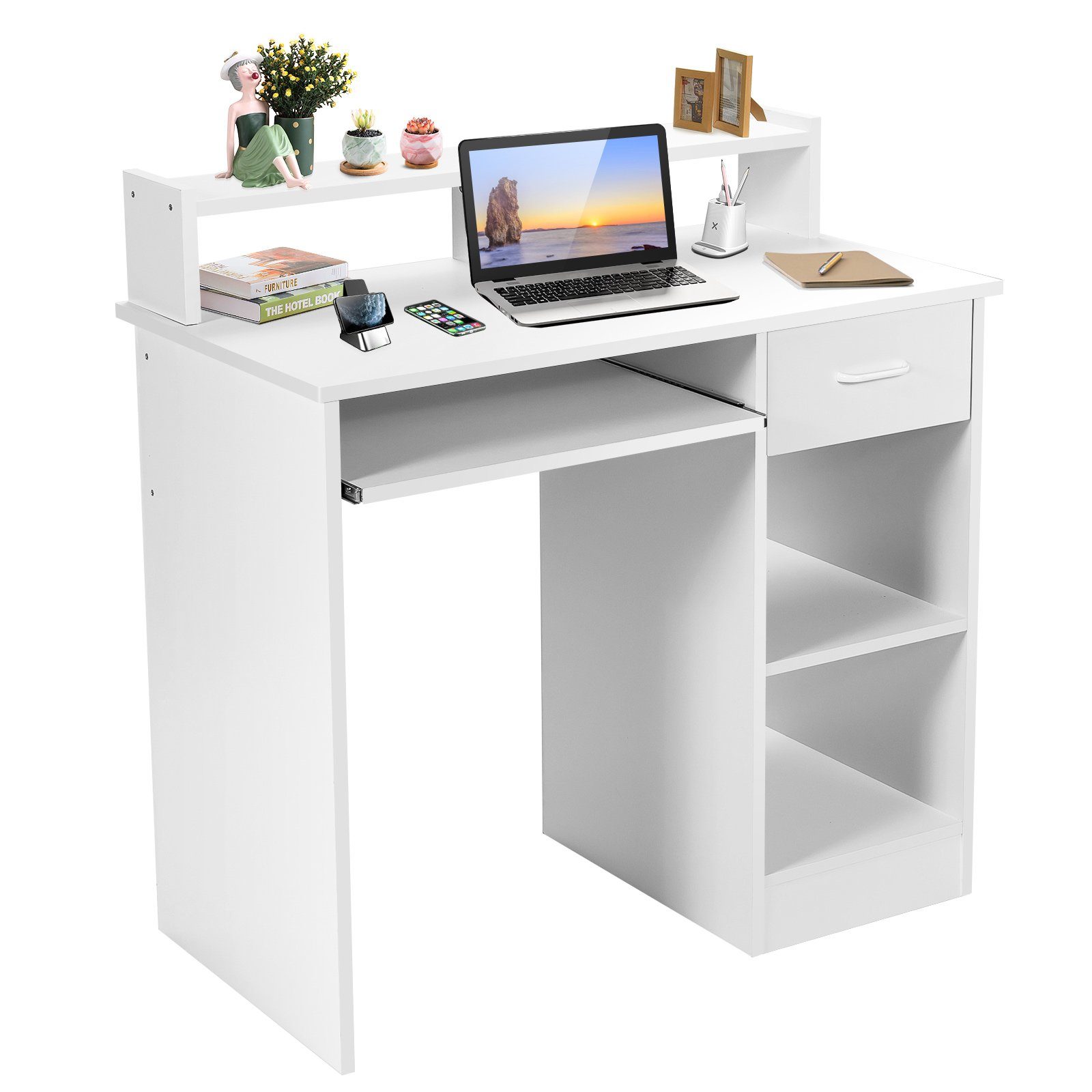 COSTWAY Schreibtisch, mit Ablage, 90 x 48 x 91,5cm Weiß