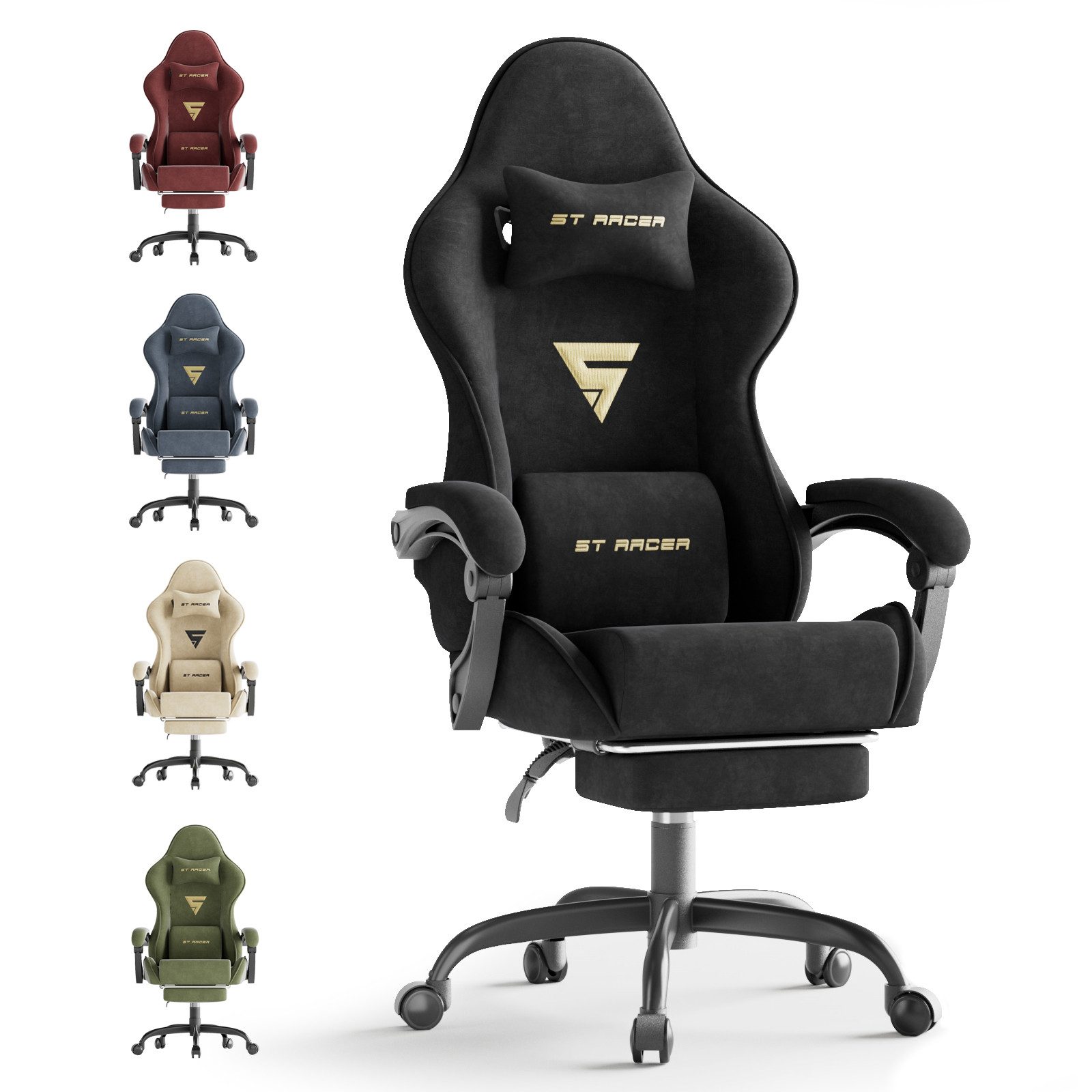 Ferghana Gaming-Stuhl Gaming-Stuhl: Kopfstütze, Lendenkissen, Armlehnen, Fußstütze (Packung), Ergonomischer PC-Stuhl,Rückenlehne 90°-125°