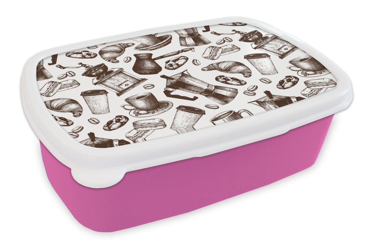 MuchoWow Lunchbox Kaffee - Croissant - Muster, Kunststoff, (2-tlg), Brotbox für Erwachsene, Brotdose Kinder, Snackbox, Mädchen, Kunststoff rosa