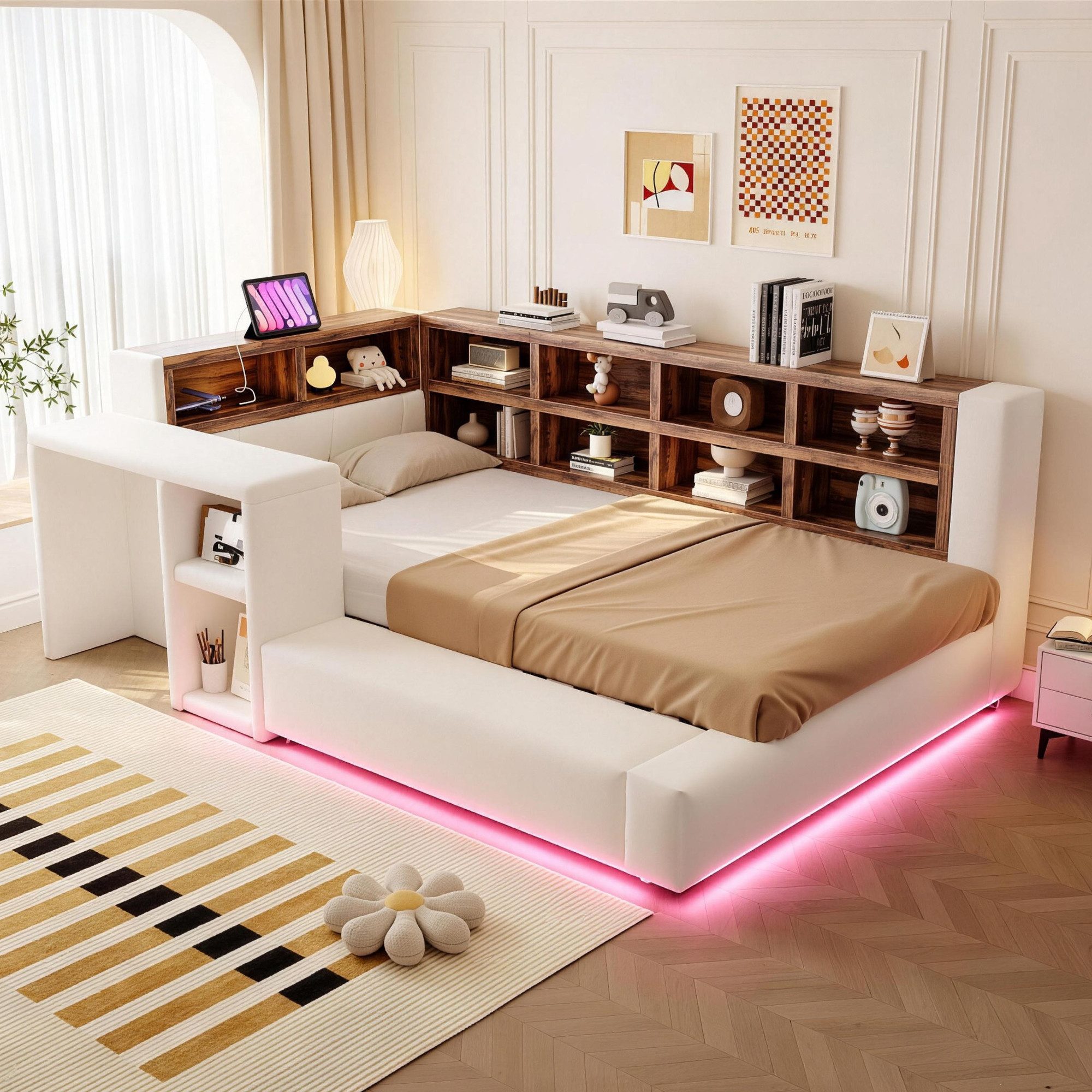 Flieks Daybett, Polsterbett 90x200cm mit Staufächer, LED & Aufladen, Beistelltisch