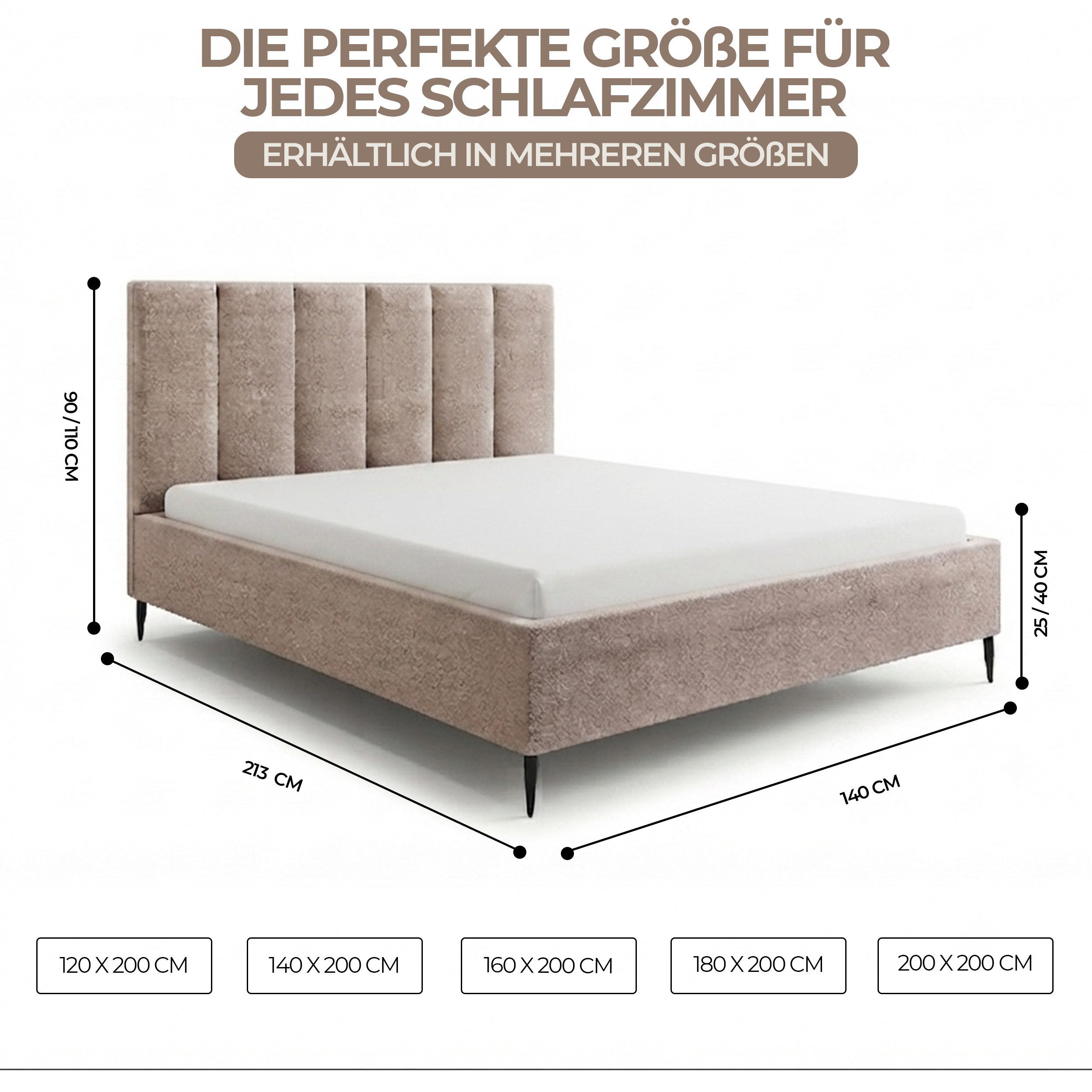 Goldstoff Polsterbett Modernes Bett "GERMAIN" mit hohem Kopfteil und integriertem Bettkasten (120–200x200 cm, Kopfteilhöhe: 90/110 cm, Seitenhöhe: 25/40 cm), El – Bild 4 von 5