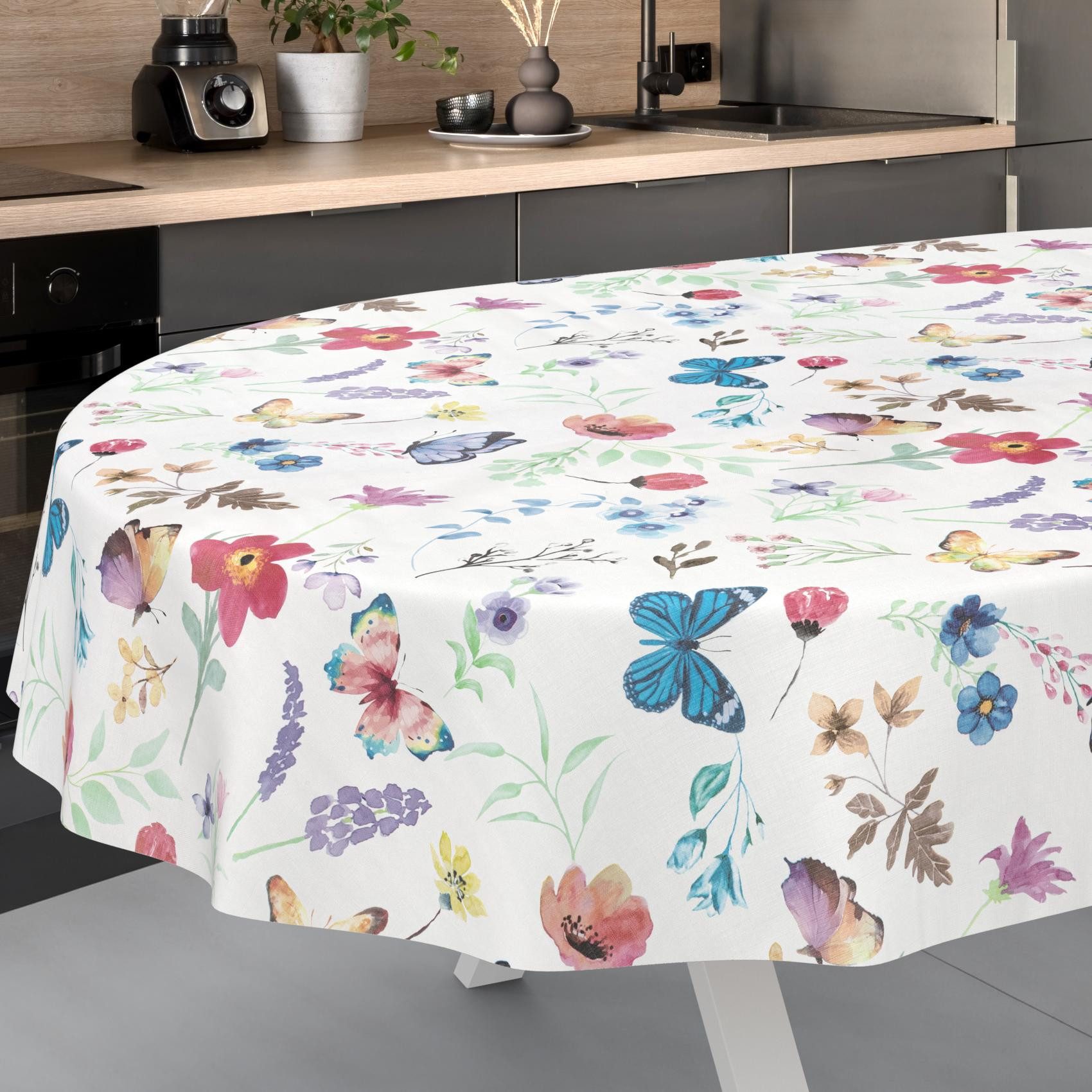 ANRO Tischdecke Schmetterlinge abwaschbar Wachstuch pflegeleicht wasserabweisend (Einzelstück 1-tlg), Schmutzabweisend Romantik Bunt Oval 160x140cm Gartentischdecke
