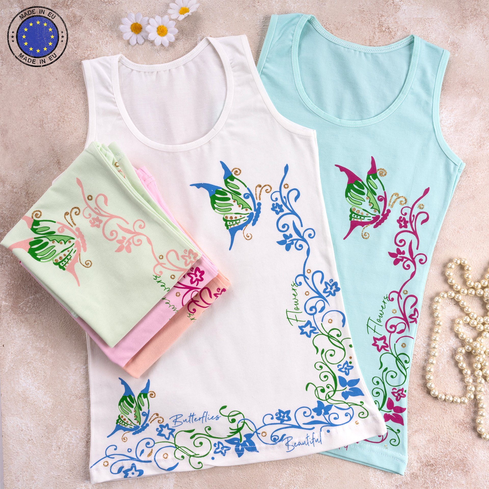 LOREZA Unterhemd 5er Set Mädchen Unterhemden - Schmetterling - Bunt (Set, 5-St., 5er-Pack) – Bild 4 von 5