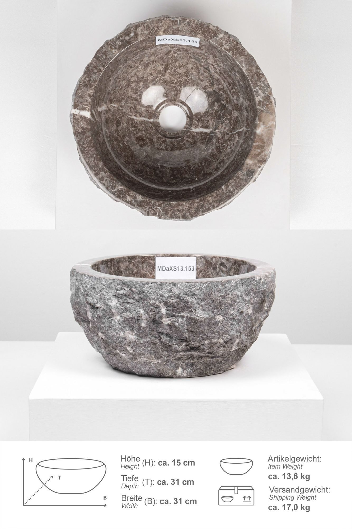 wohnfreuden Aufsatzwaschbecken Erosi Marmor Раковины 30 cm grau (Kein Set), 39334_MDaXS13.153