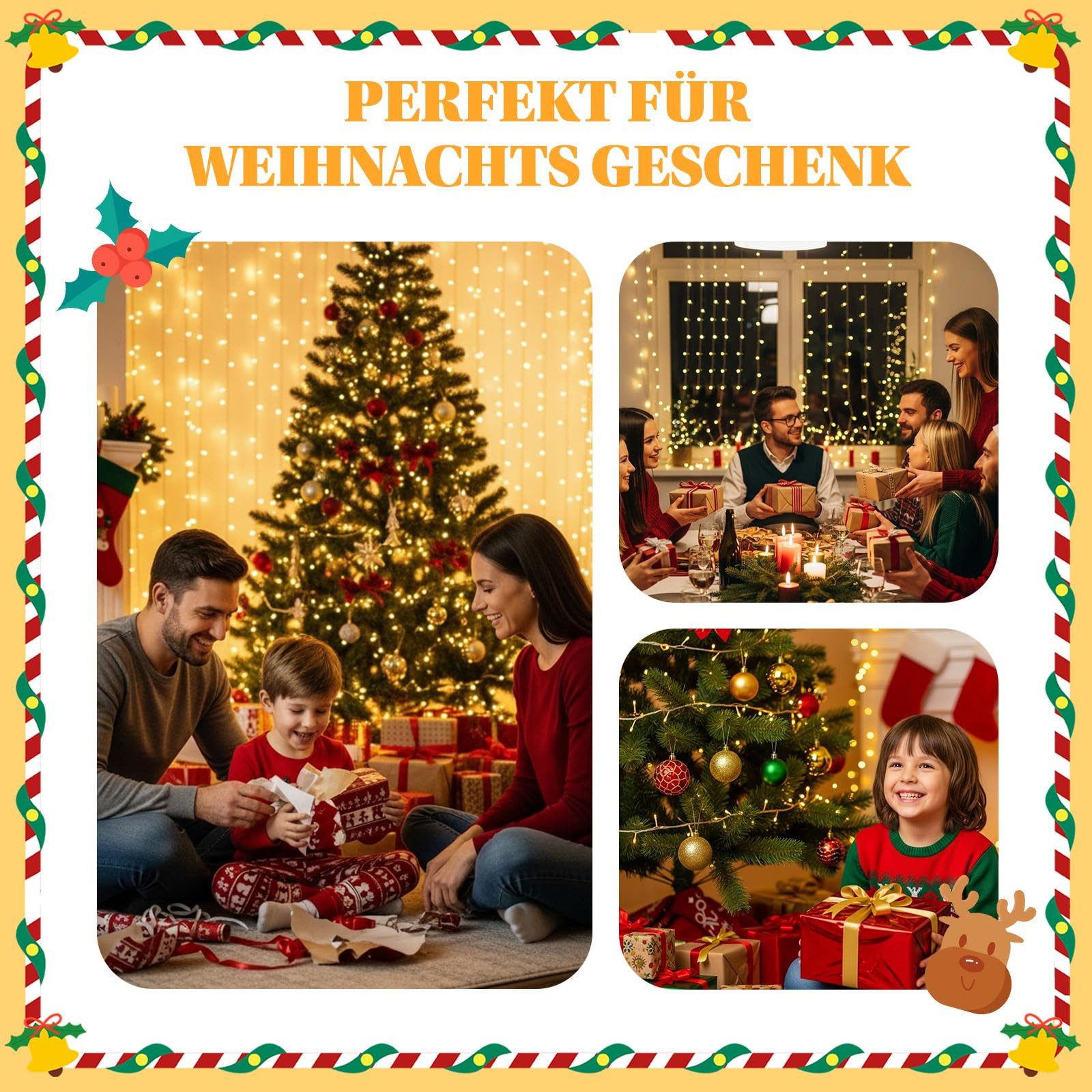 Rosnek LED-Lichterkette 3x3M, 10 Stränge, Speicherfunktion, Timer, für Vorhang Fenster Deko, 300-flammig, 8 Modi, Timer, für Schlafzimmer Weihnachten Terrasse