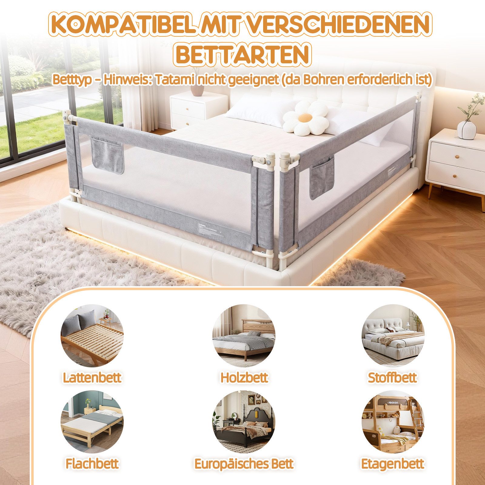 Huracan Bettschutzgitter Bettgitter Baby 150/180/200cm, Höhenverstellbarer (Rausfallschutz Bett für Boxspringbett, Elternbett, vertikales Heben, 1 St., Bettschu – Bild 5 von 5