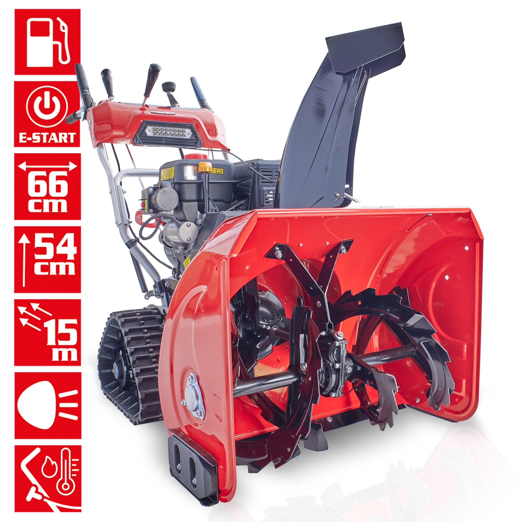 Hecht Benzin-Schneefräse mit Raupenantrieb Elektrostart LED-Scheinwerfer und Griffheizung, 66,50 cm Arbeitsbreite, 54 cm Arbeitshöhe - 7 PS - 8 Gänge