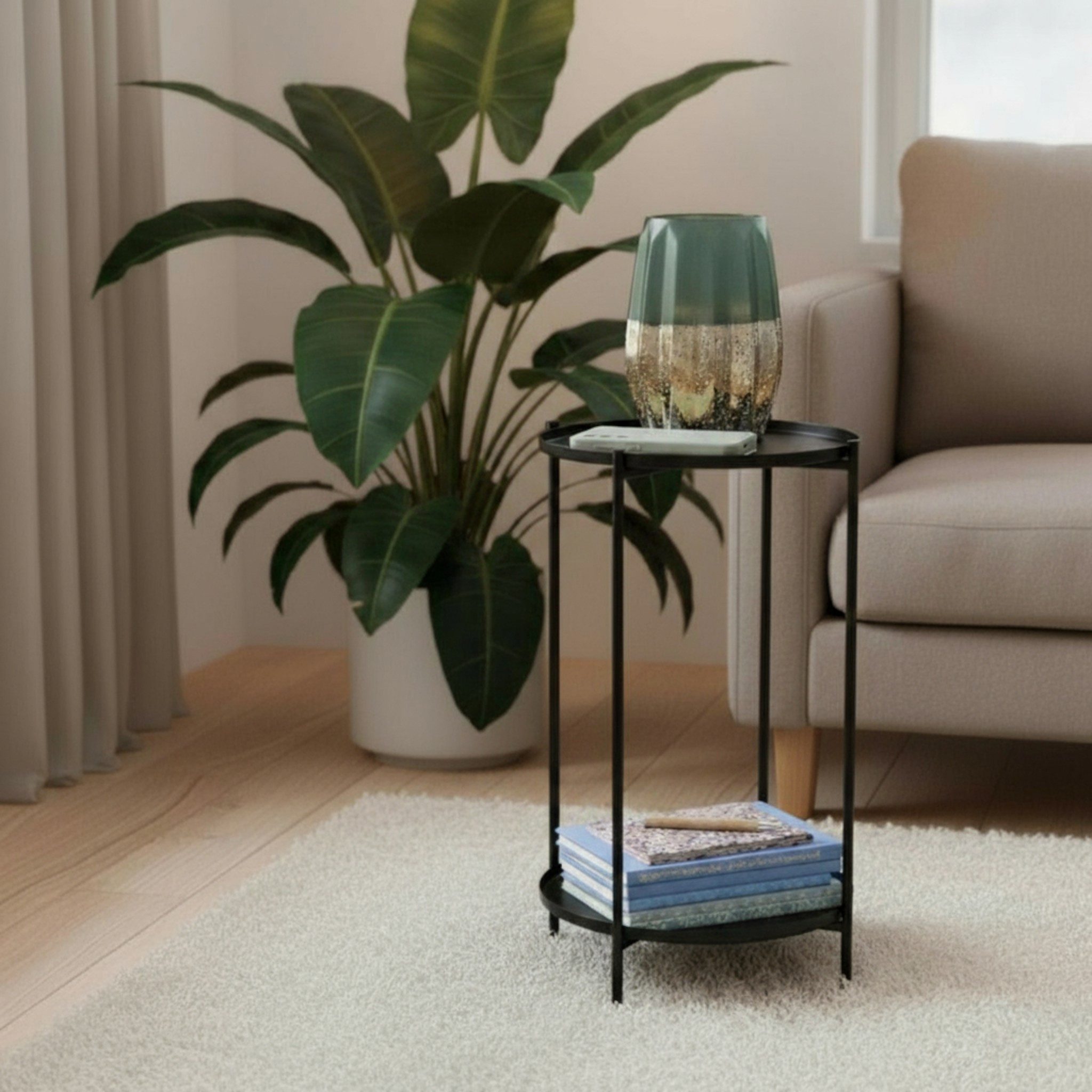 Meinposten Beistelltisch Couchtisch Telefontisch rund 28x48 cm schwarz creme weiß (1-St)