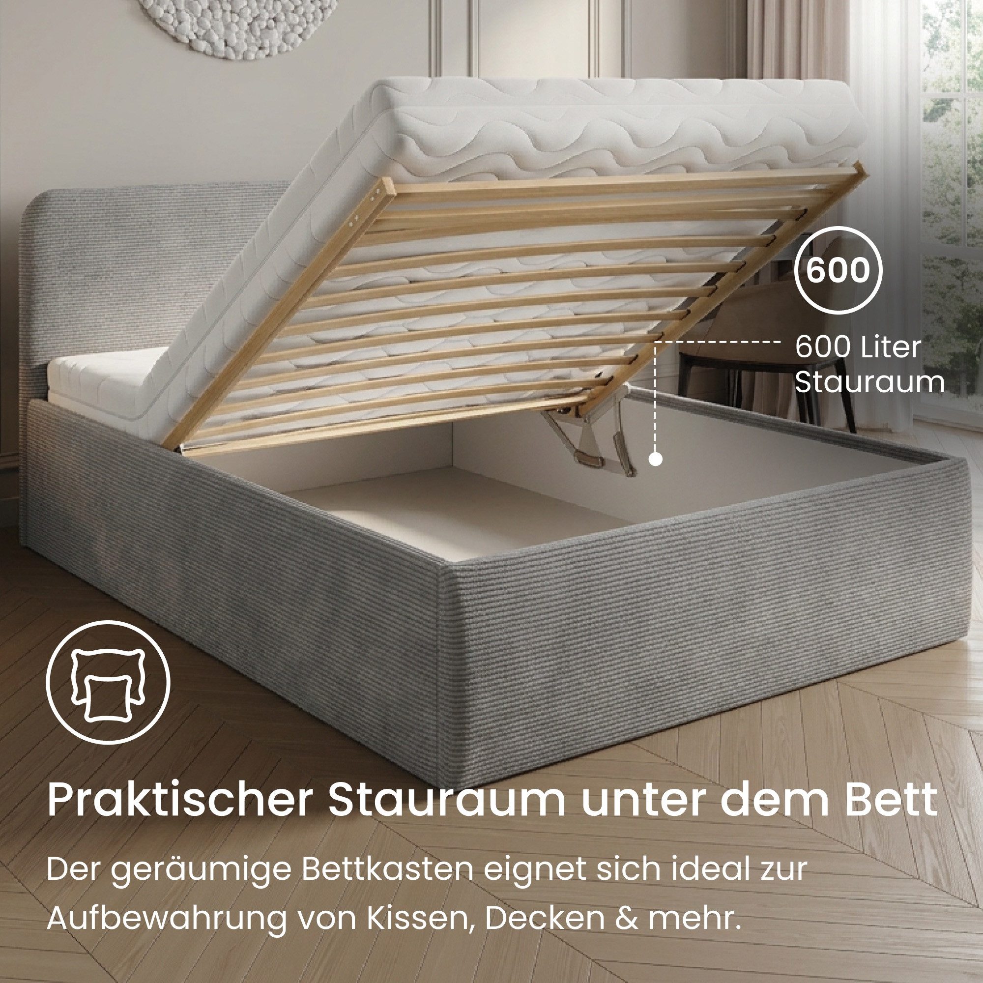 Home Collective Polsterbett Bett mit Stauraum, verstellbarem Lattenrost, viele Größen (Größen: 100x200 120x200 140x200 160x200 180x200 200x200, hochwertiger Kor – Bild 4 von 5