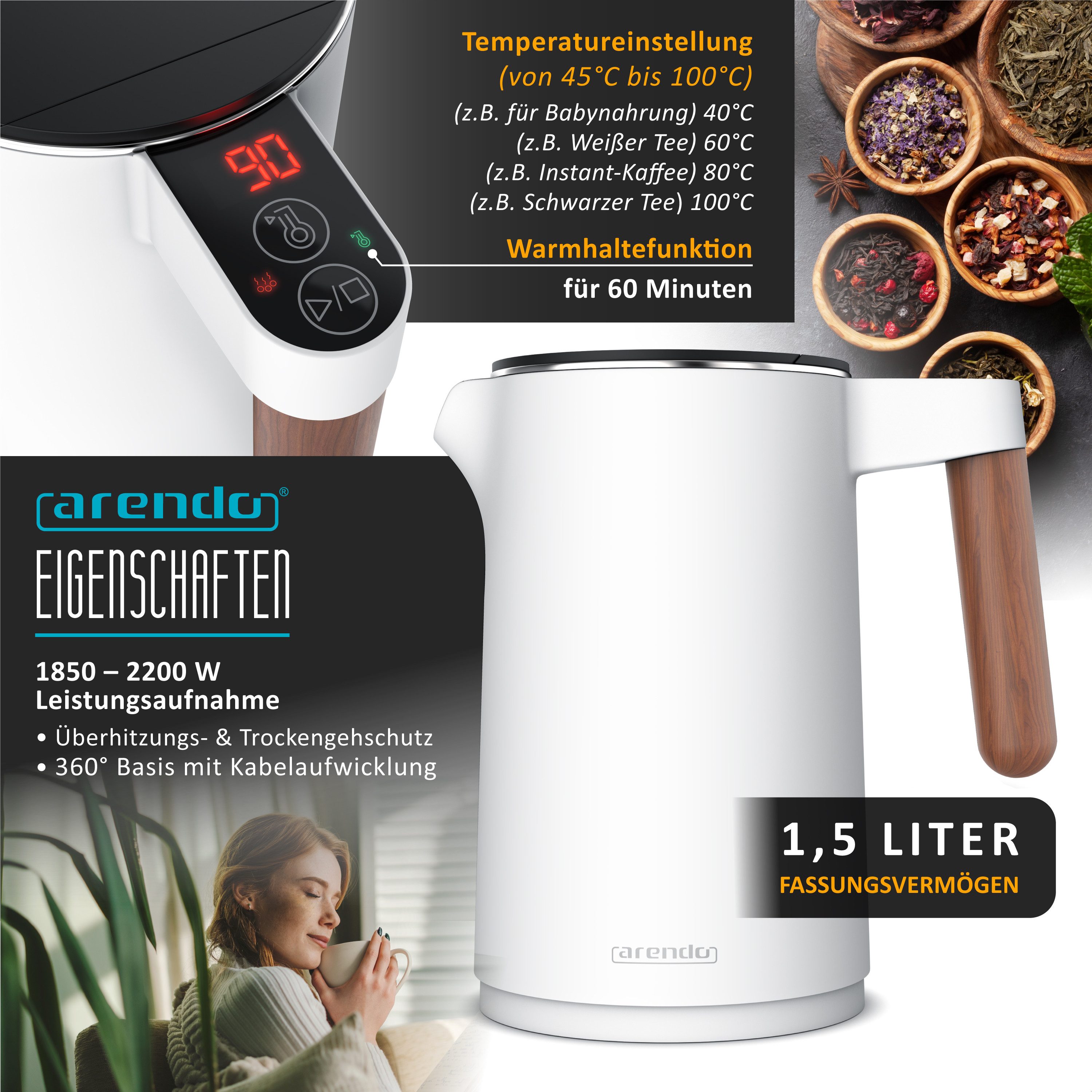 Arendo Frühstücks-Set Edelstahl Wasserkocher 1,5l, 2-Scheiben Kurzschlitz Toaster, weiß (2-tlg), Wasserkocher mit Temperatureinstellung, Toaster Brötchenaufsatz, Touch