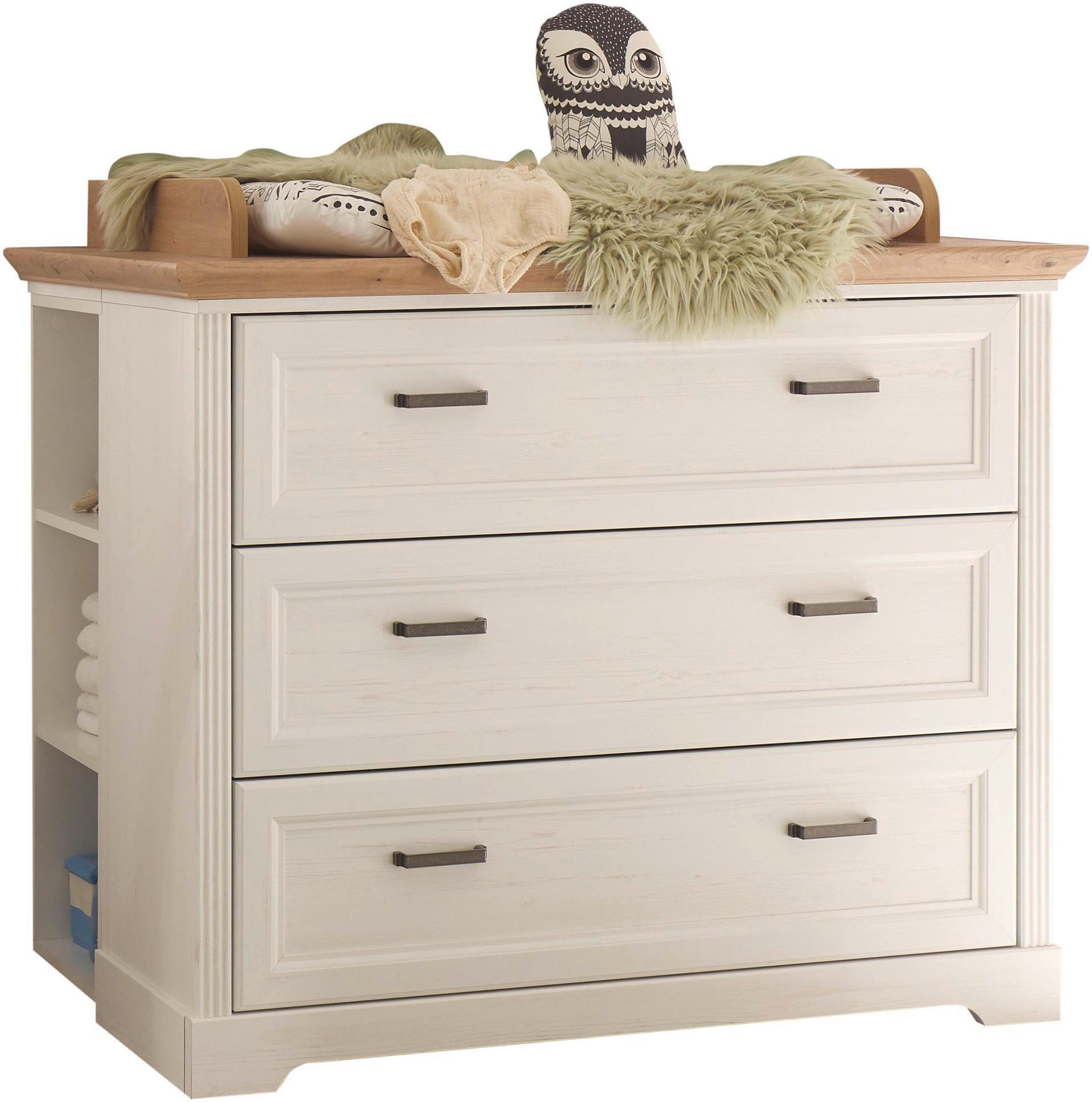 Begabino Wickelkommode Jasmin Kommode mit Wickelaufsatz, im Landhausstil, Kommode mit 3 Schubkästen