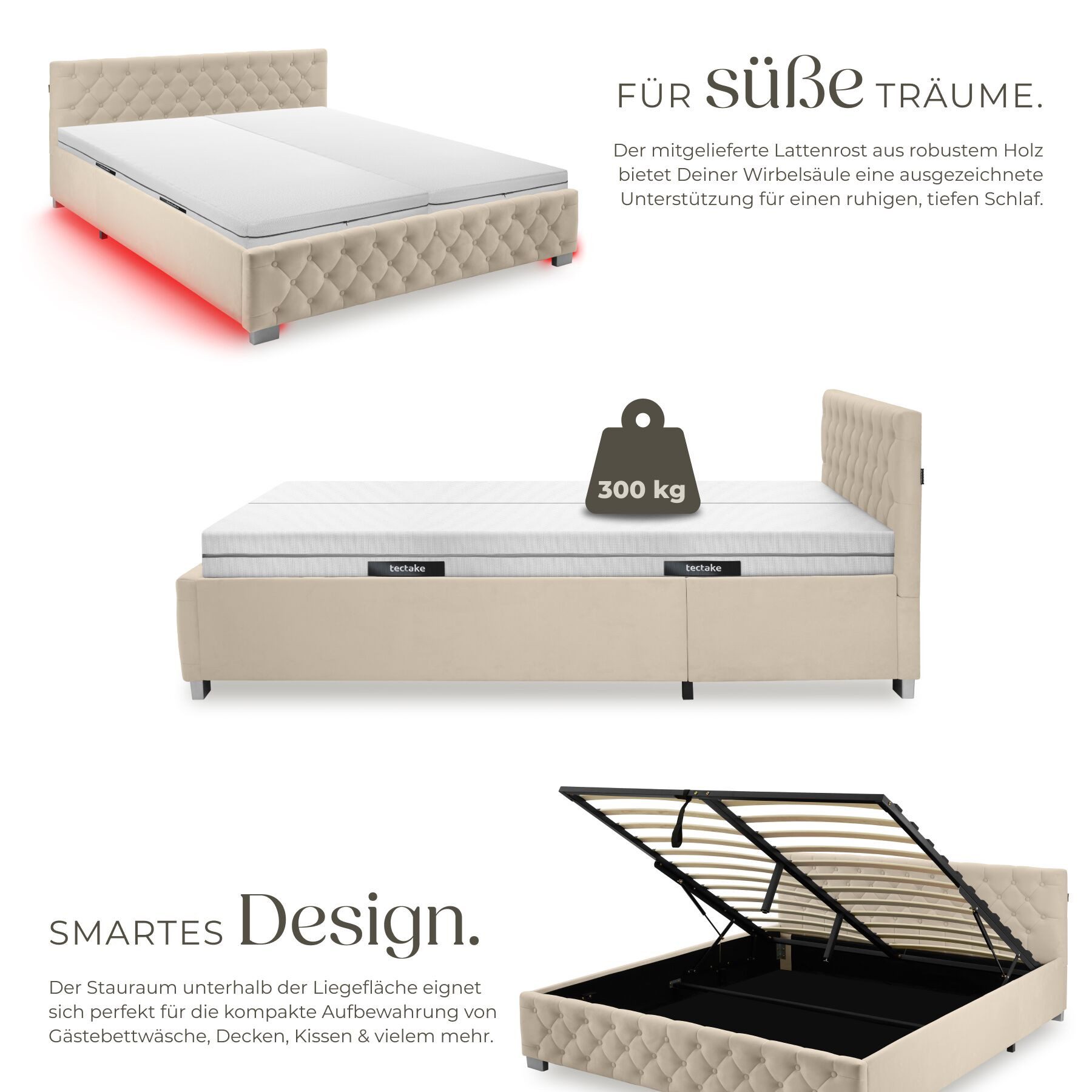 tectake Polsterbett Komfortbett mit LED-Leisten & Stauraum - Samtoptik mit Steppmuster (Bettset mit Matratze, in Samtoptik Sand), Matratze mit Komfortschaumkern – Bild 5 von 5