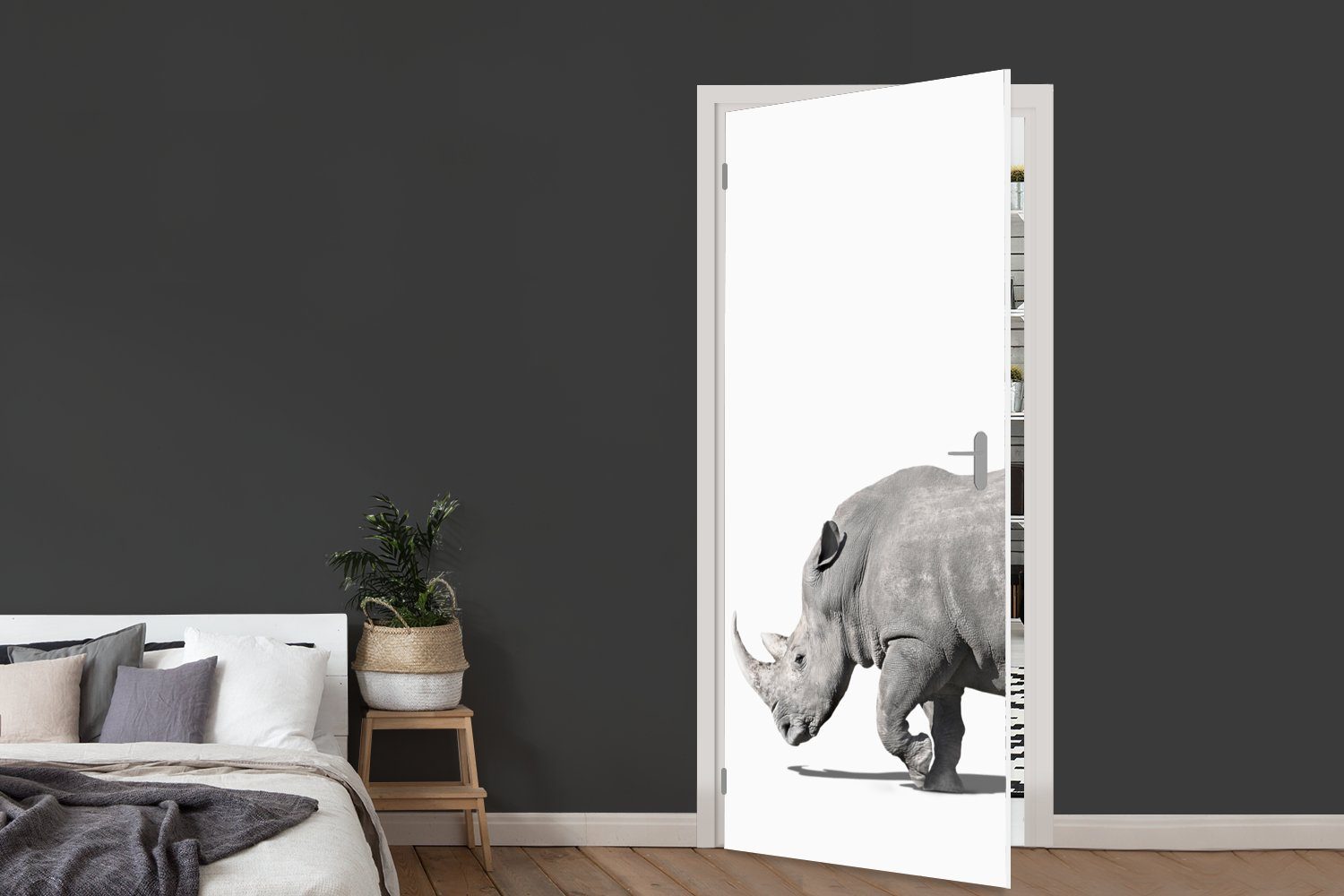 Fototapete Tiere für Türtapete - bedruckt, Matt, (1 Weiß, St), 75x205 MuchoWow Rhinozeros Tür, cm Türaufkleber, -