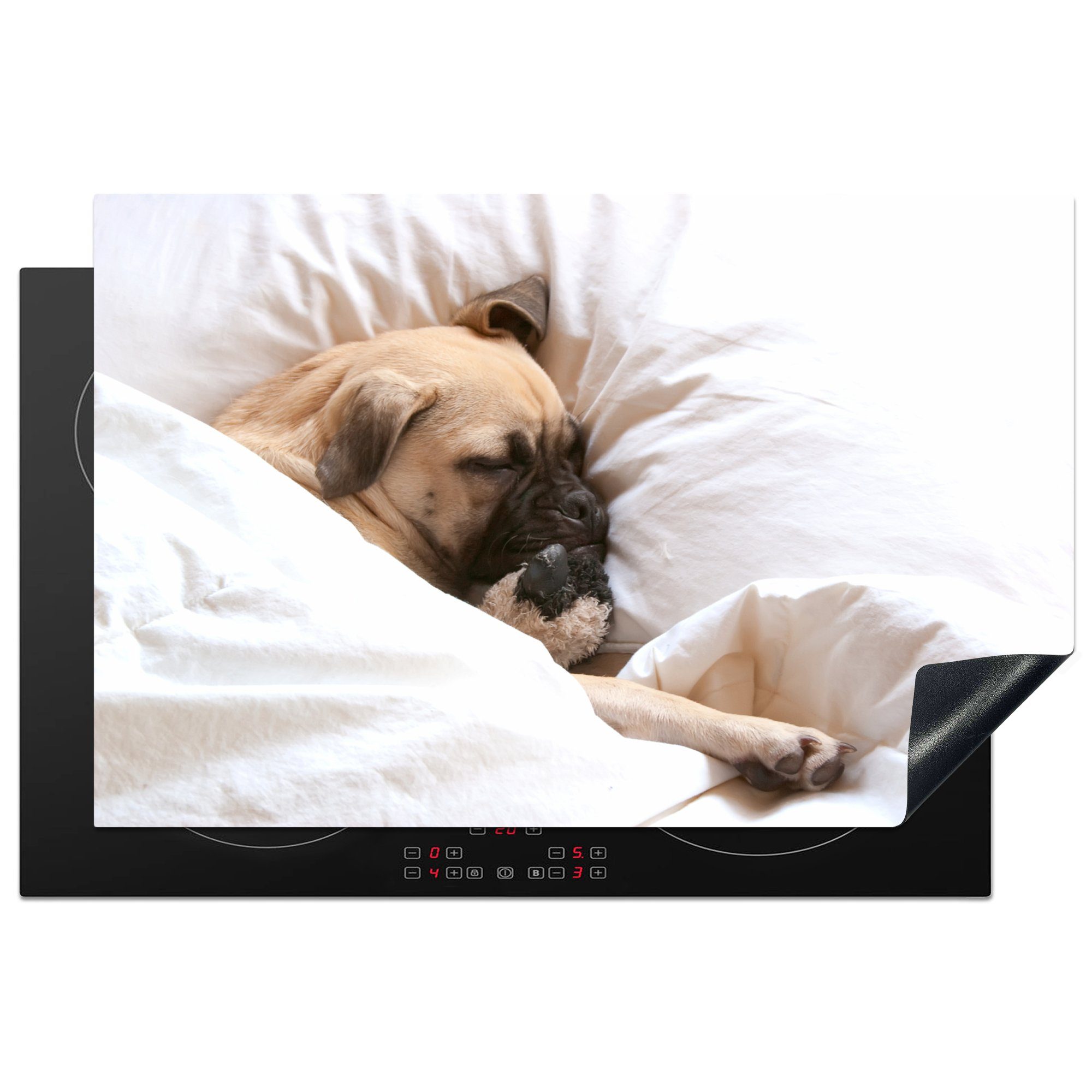 MuchoWow Herdblende-/Abdeckplatte Hund schläft im Bett mit einem Kuscheltier, Vinyl, (1 tlg), 81x52 cm, Induktionskochfeld Schutz für die küche, Ceranfeldabdeckung