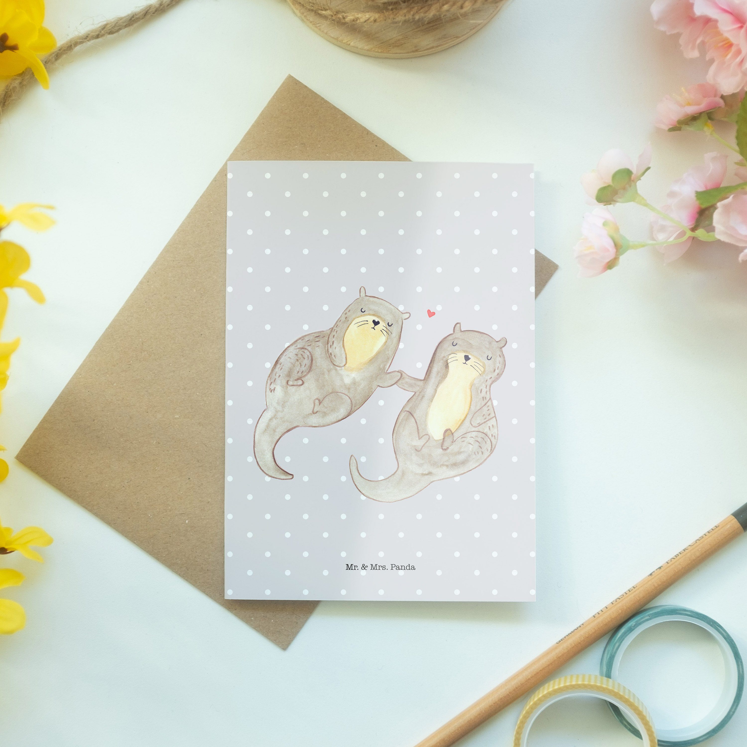 Mr. & Mrs. Panda Seeotter, Grußkarte Geschenk, händchenhaltend - Pastell Otter Grau Einladungs 