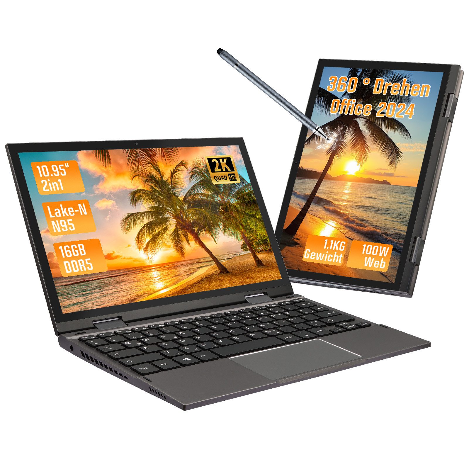 LONGEVINCE 2-in-1 Notebook mit 360°-Klappbildschirm, 16 GB DDR5, Touchscreen Notebook (27,81 cm/10.95 Zoll, Intel Celeron N95, 16 GB, 960 GB SSD)