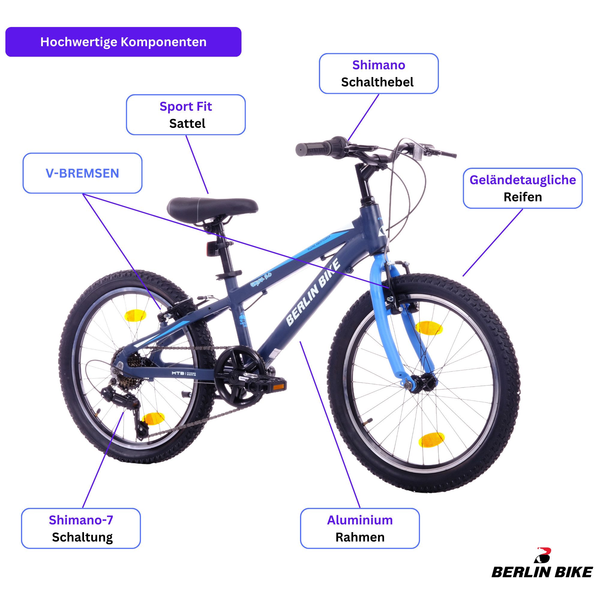 BERLIN BIKE Grizz 20-inch children's mountain bike – aluminum frame – ideal gift for children, 7-speed Shimano RD-TY200 derailleur, derailleur gears, (with 20" x 2.10" pneumatic tires)