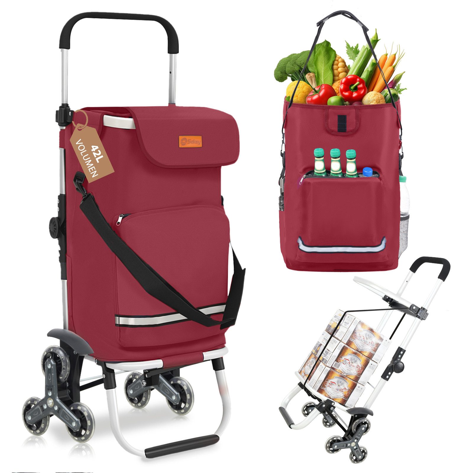 Sekey Einkaufstrolley Klappbarer Einkaufswagen mit Kühlfach, Treppensteiger Trolley 3 in 1, Faltbarer Einkaufswagen inkl. Einkaufschip und Spanngurt