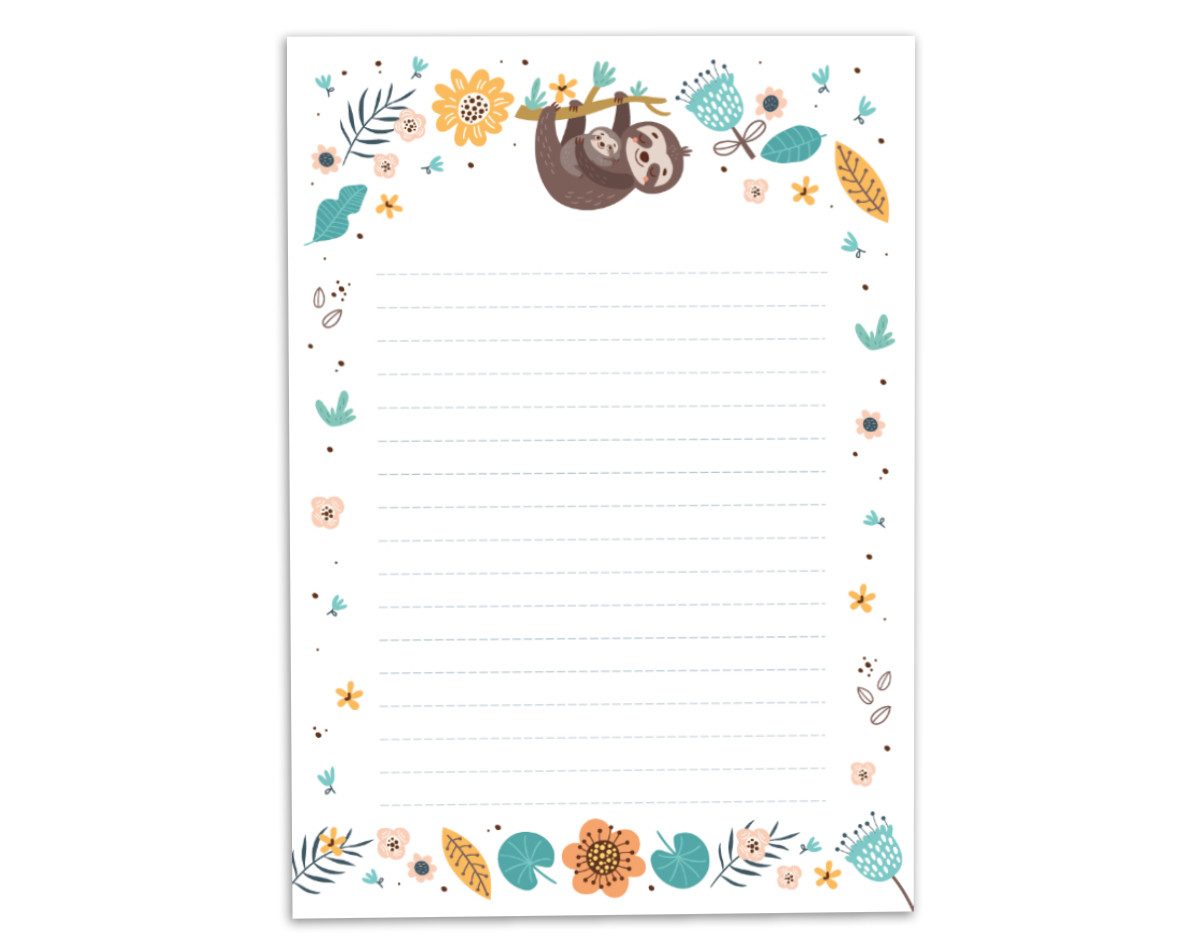 JUNAPACK Briefpapier Set Kinder Briefblock A5 mit Umschlägen Notizblock Papier Faultier, Kinder-Briefpapier A5 mit 15 Umschlägen, liniert & leicht beschreibbar