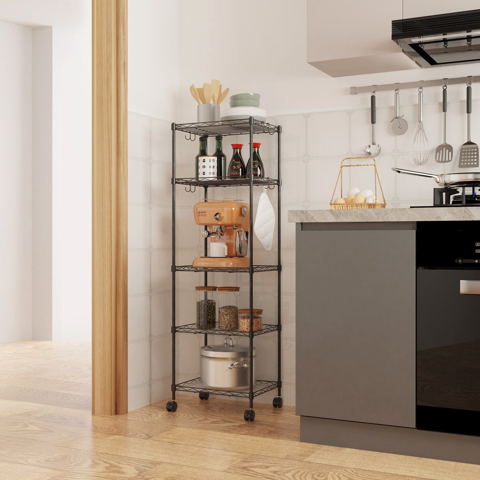 Mondeer Regal Aufbewahrungsregal, 5-Stufiges, mit 8-Haken und 4-Rädern, PP- günstig online kaufen