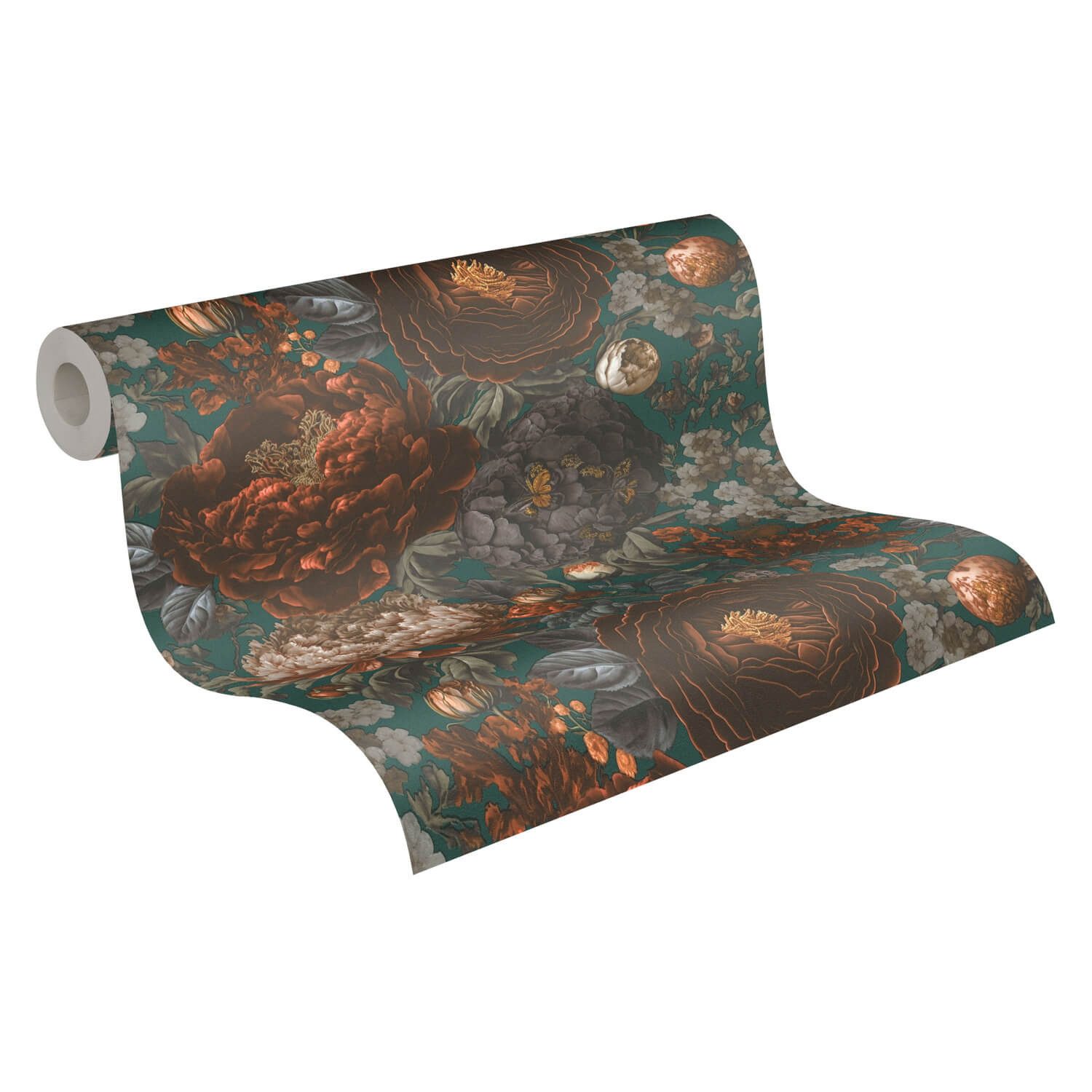 Profhome Vliestapete 399793-GU Blumen Tapete Floral matt grün braun grau, glatt, (1 Rolle, 5,33 qm), heißgeprägte Vliestapete, petrol