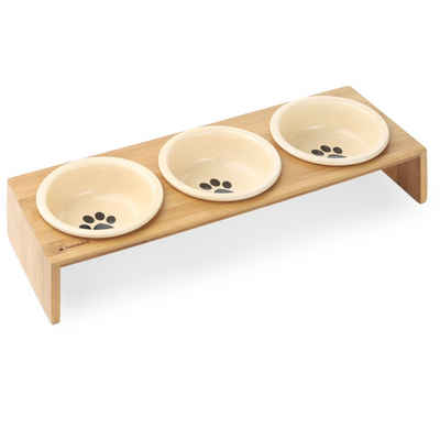 Navaris Napf-Set, Keramik, 3x Futternapf Katze mit Bambus Halter - Futterstation 3x Keramiknapf für Katzen Hunde - Keramik Fressnapf Set Futterbar mit Holz Halterung