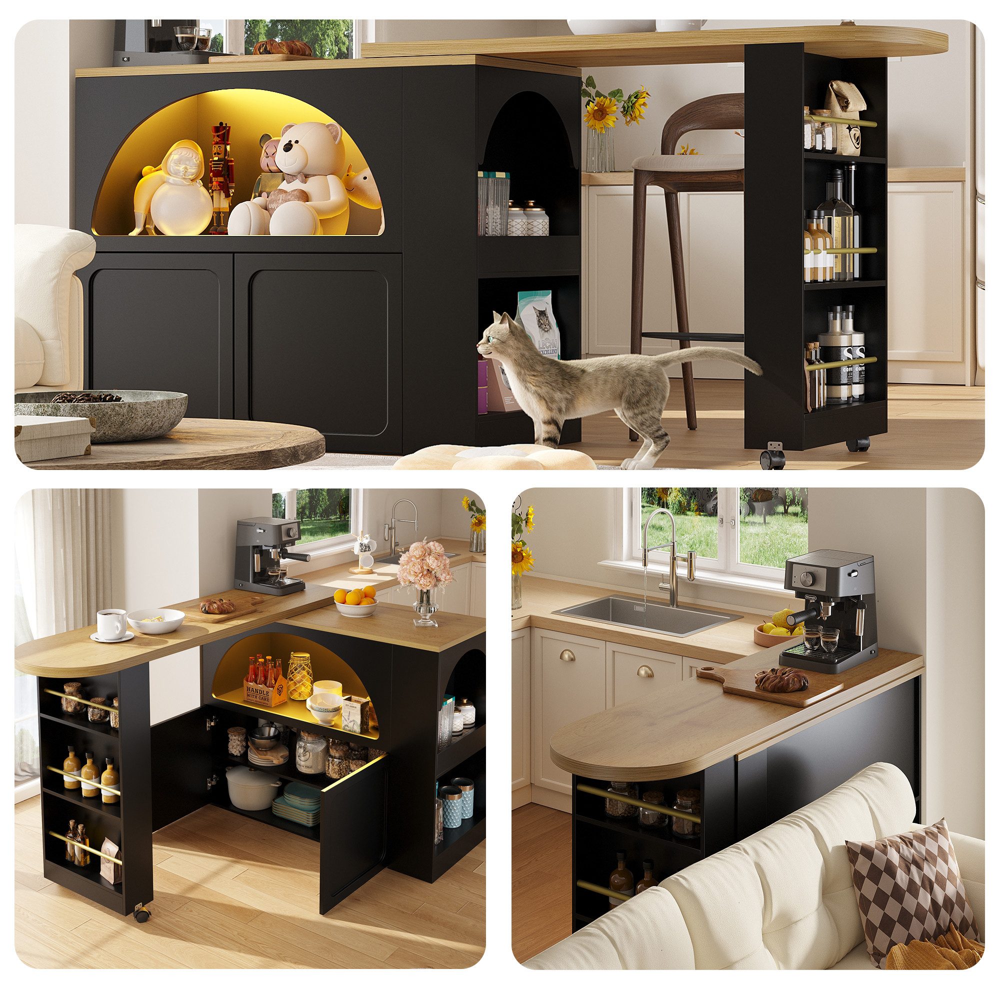 i@home Bartisch ausziehbarer Kücheninsel mit Stauraum(135-205×39×100cm) (1 Tisch), Teleskopischer Bartisch mit LED Hochtisch Kücheninsel, schwarz/weiß – Bild 2 von 5