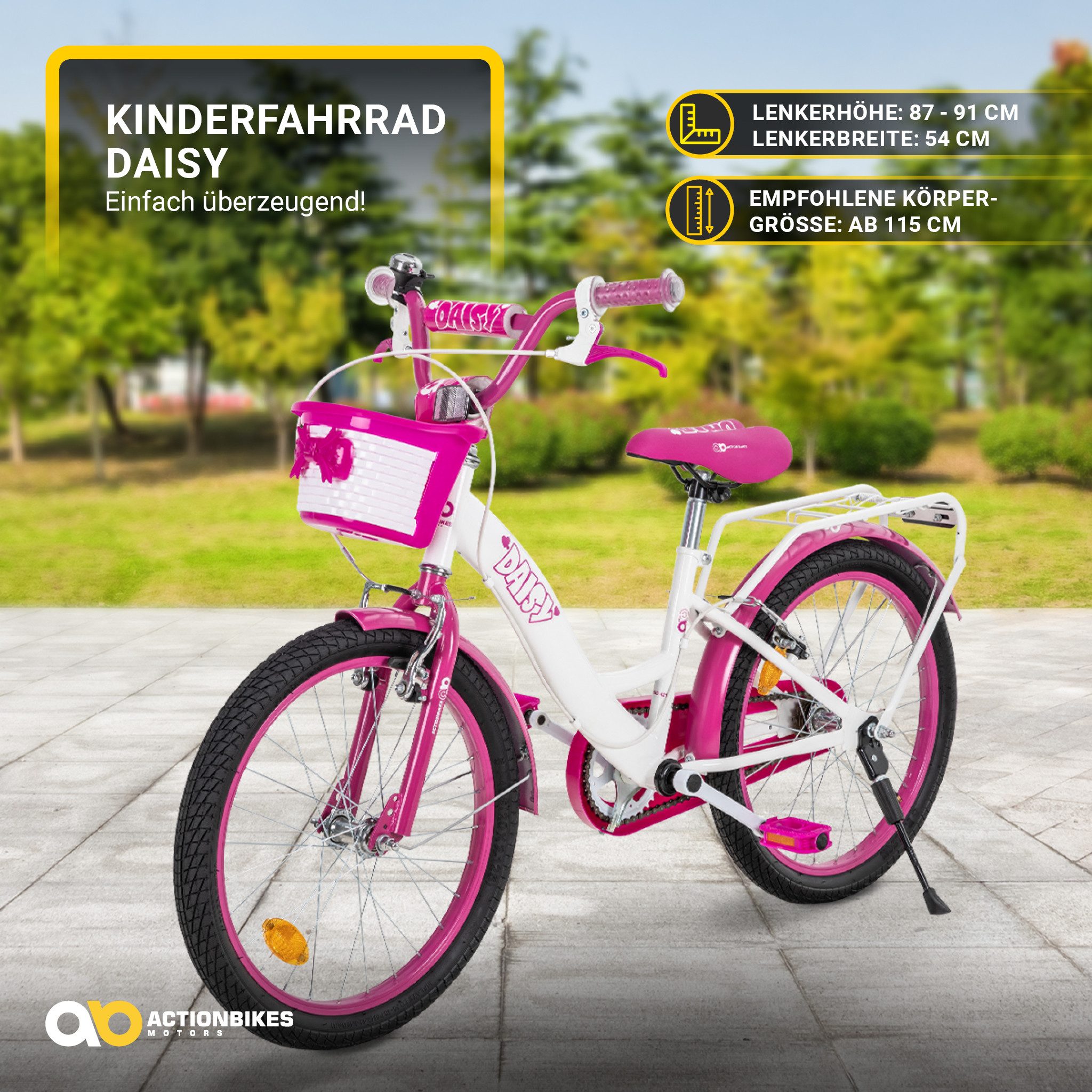 Actionbikes Motors Kinderfahrrad Daisy Fahrrad für Mädchen inkl. Trinkflasche und Korb, 1 Gang, (Kinderfahrrad ab 3 Jahre, Fahrrad Kinder, Kinderfahrrad 20 Zoll)