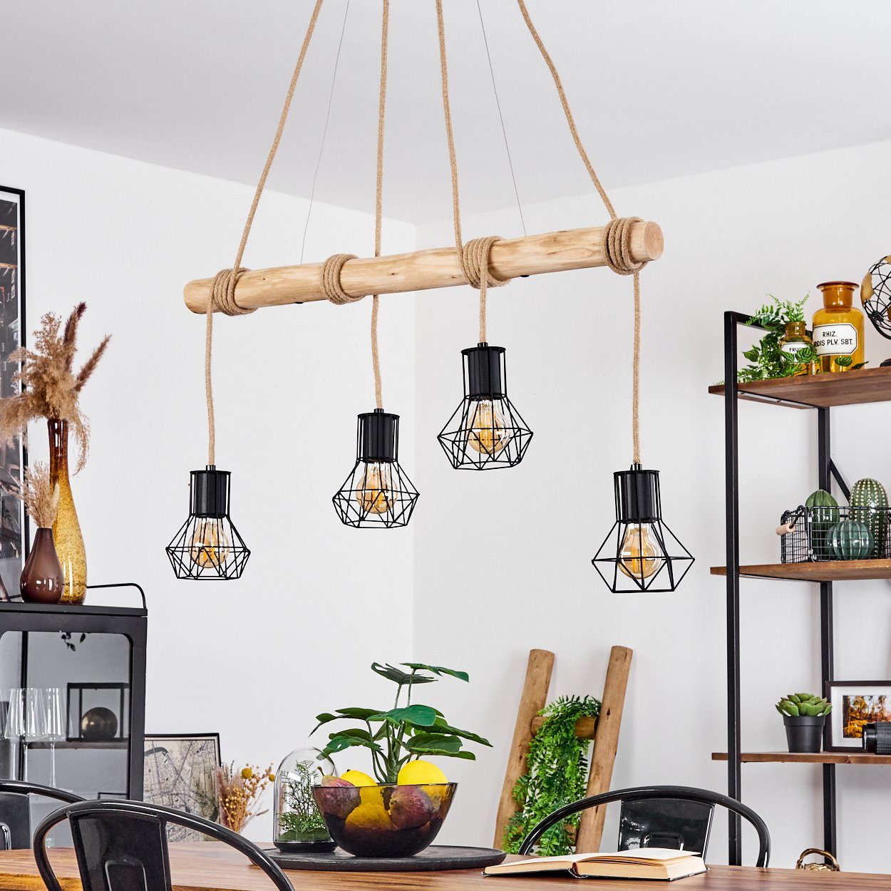 hofstein Pendelleuchte »Pomari« Vintage Hängelampe aus Metall/Holz/Kordel in Schwarz/Natur, ohne Leuchtmittel, Hängeleuchte mit verstellbarer Höhe max. 172cm, 4xE27