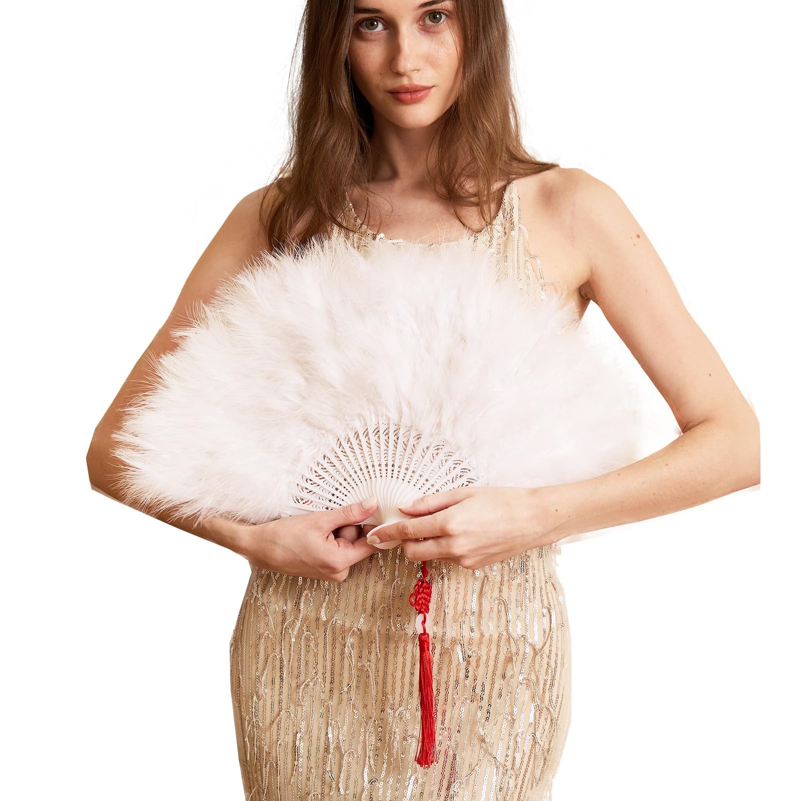 Bwecuy Handfächer Federfächer Vintage Flapper Handfächer für Kostüm Party, Karneval, (1-tlg), Tanz & Bühnenauftritt – Eleganter Feder Fan Accessoire