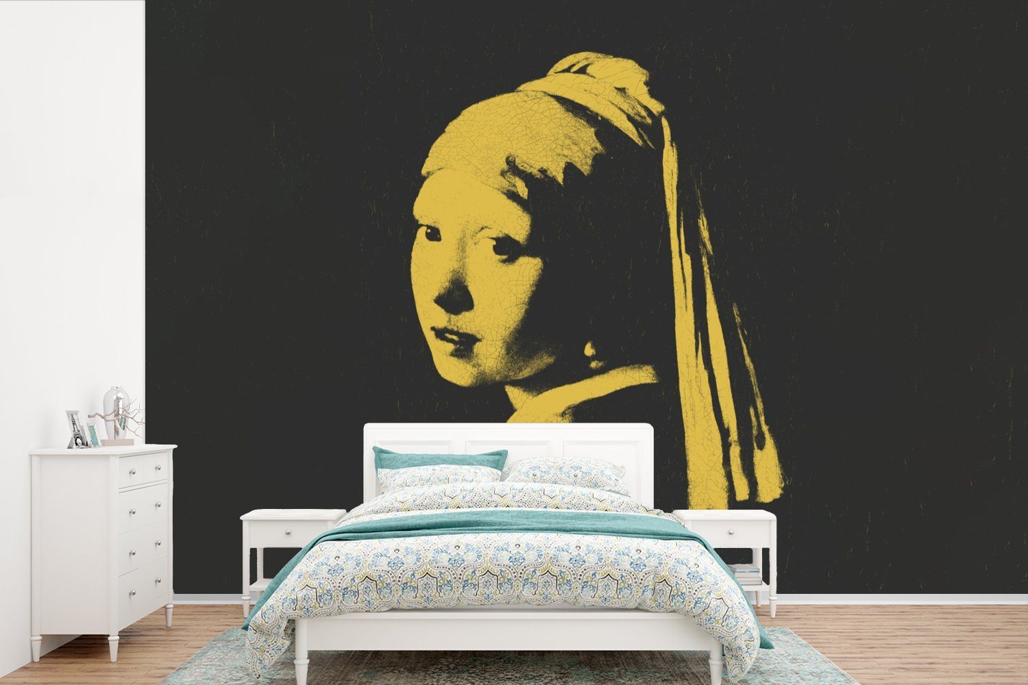 MuchoWow Fototapete Mädchen mit Perlenohrring - Vermeer - Schwarz - Gelb, Matt, bedruckt, (6 St), Wallpaper für Wohnzimmer, Schlafzimmer, Kinderzimmer, Vinyl Tapete