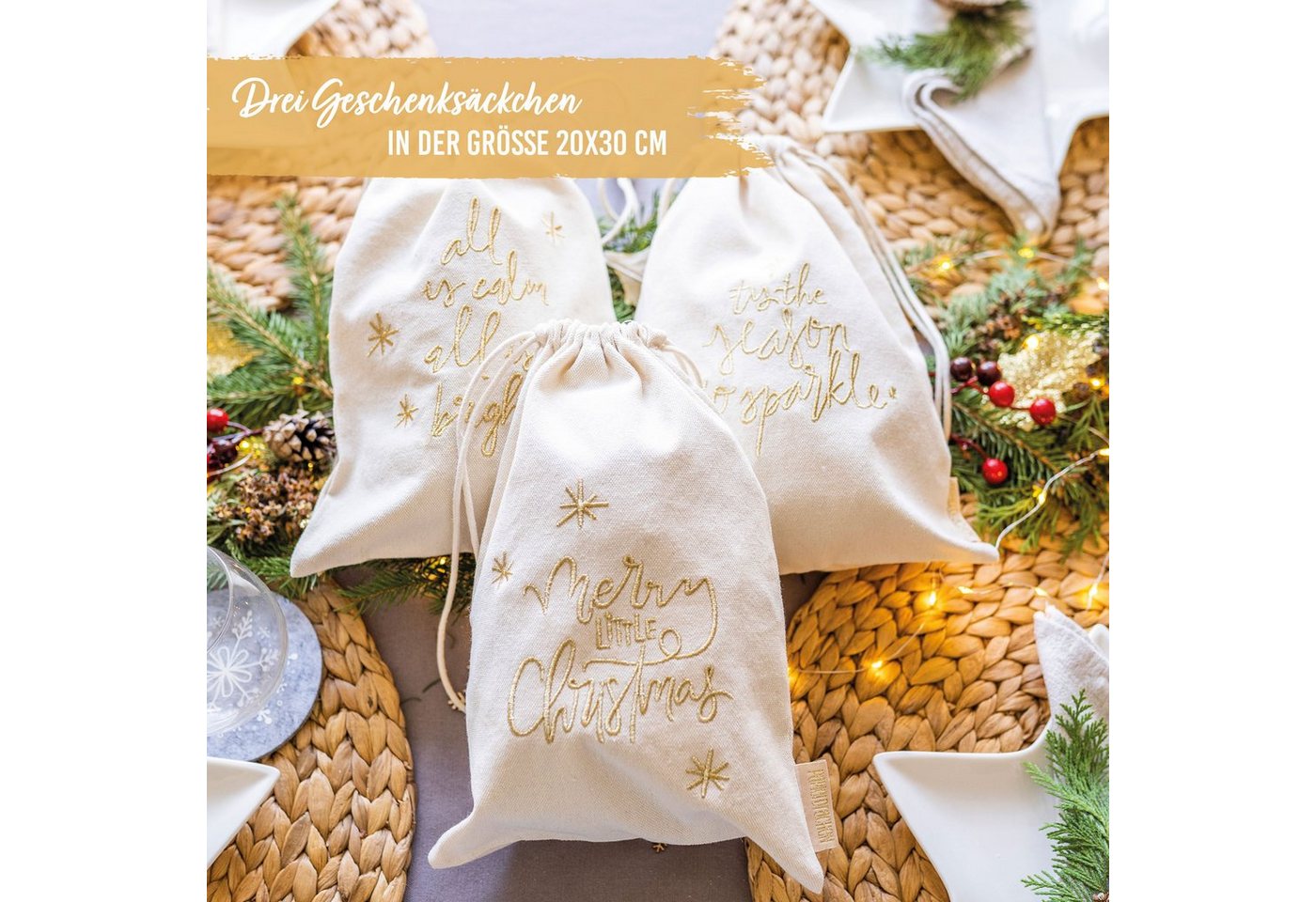 Thumbnail - PAPIERDRACHEN Geschenkpapier 3 Geschenksäckchen zu Weihnachten - Geschenke nachhaltig einpacken, mit schöner Bestickung