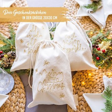 PAPIERDRACHEN Geschenkpapier 3 Geschenksäckchen zu Weihnachten - Geschenke nachhaltig einpacken, mit schöner Bestickung