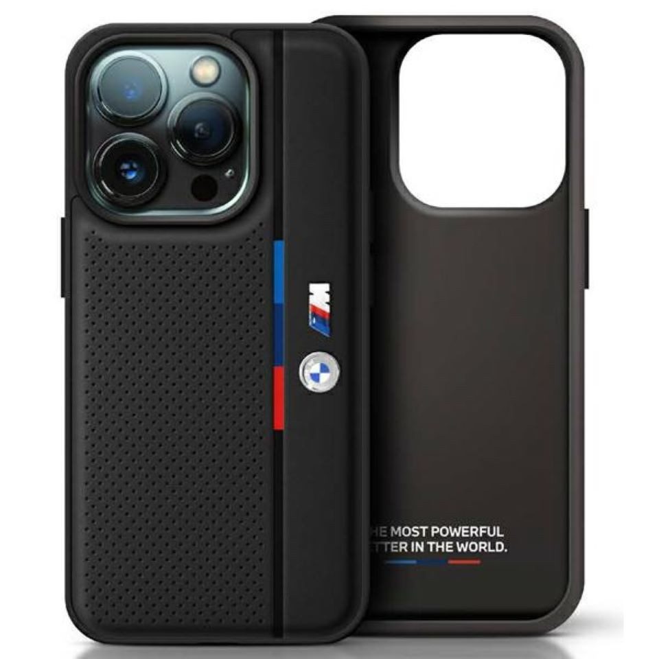 BMW Handyhülle iPhone 16 Pro Tricolor Kunstleder gelocht schwarz 6,3 Zoll, Kantenschutz