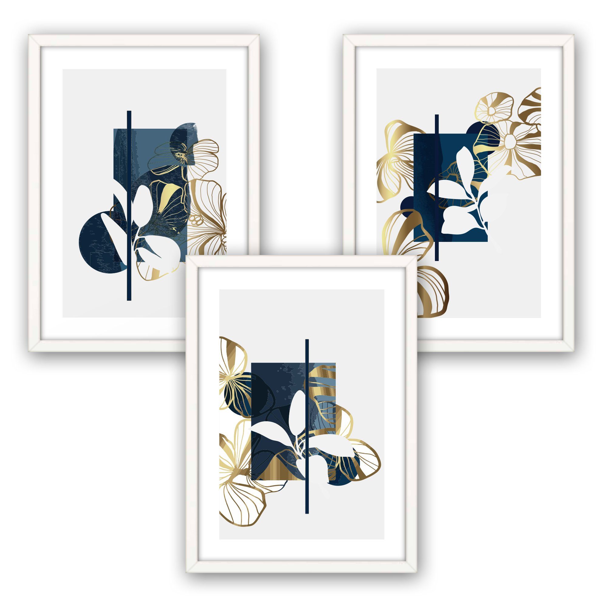 Kreative Feder Poster Abstrakt Blau, Abstrakt (Set, 3 St), 3-tlgs Poster-Set, Kunstdruck, optional mit Rahmen, wahlw. DIN A4/ A3 weißer Rahmen