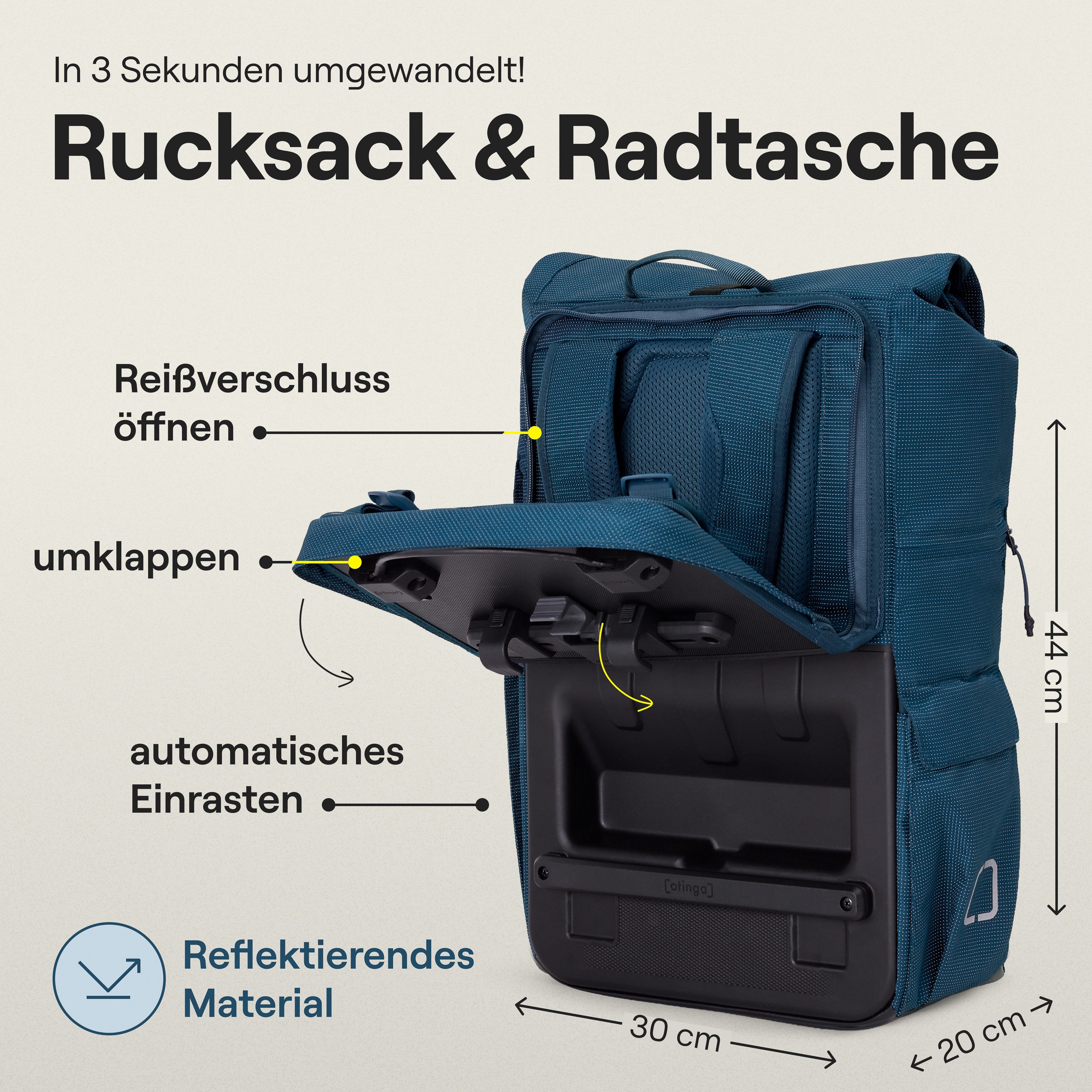 otinga Fahrradtasche Flip V3 Fahrradtasche Rucksack Wasserdicht Gepäckträgerhalterung, 34L Gepäckträgertasche mit Rucksack, Radtasche, in 3 Sekunden umgebaut